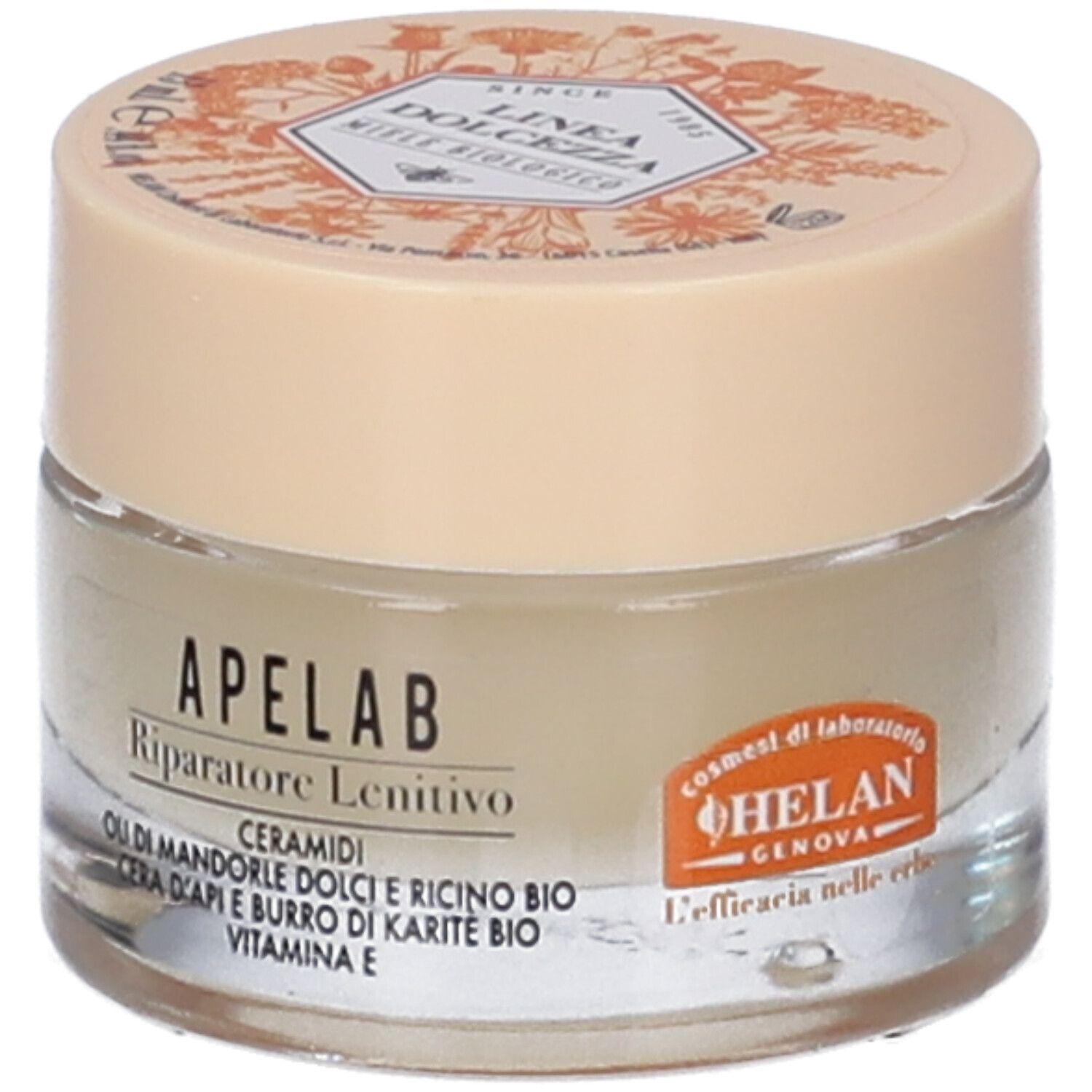 Vasetto di crema con coperchio. Scritta e illustrazioni sul coperchio. Scritta sul vasetto: APELAB Riparatore Lenitivo.