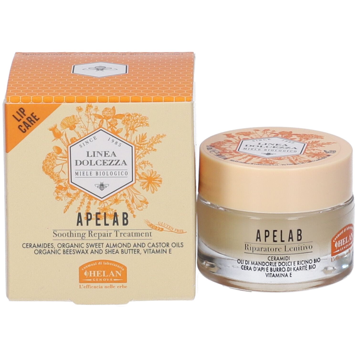 Vasetto di crema e scatola. Scritta sul vasetto: APELAB Riparatore Lenitivo. Scritta sulla scatola: LIP CARE, APELAB Soothing Repair Treatment.