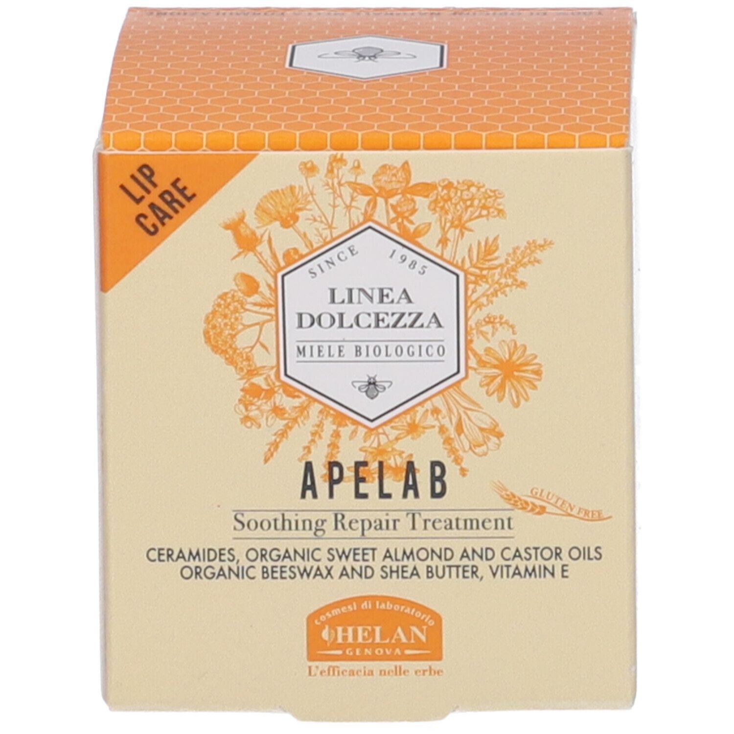 Scatola con scritta: LIP CARE, APELAB Soothing Repair Treatment. Illustrazioni e logo. Simbolo senza glutine.