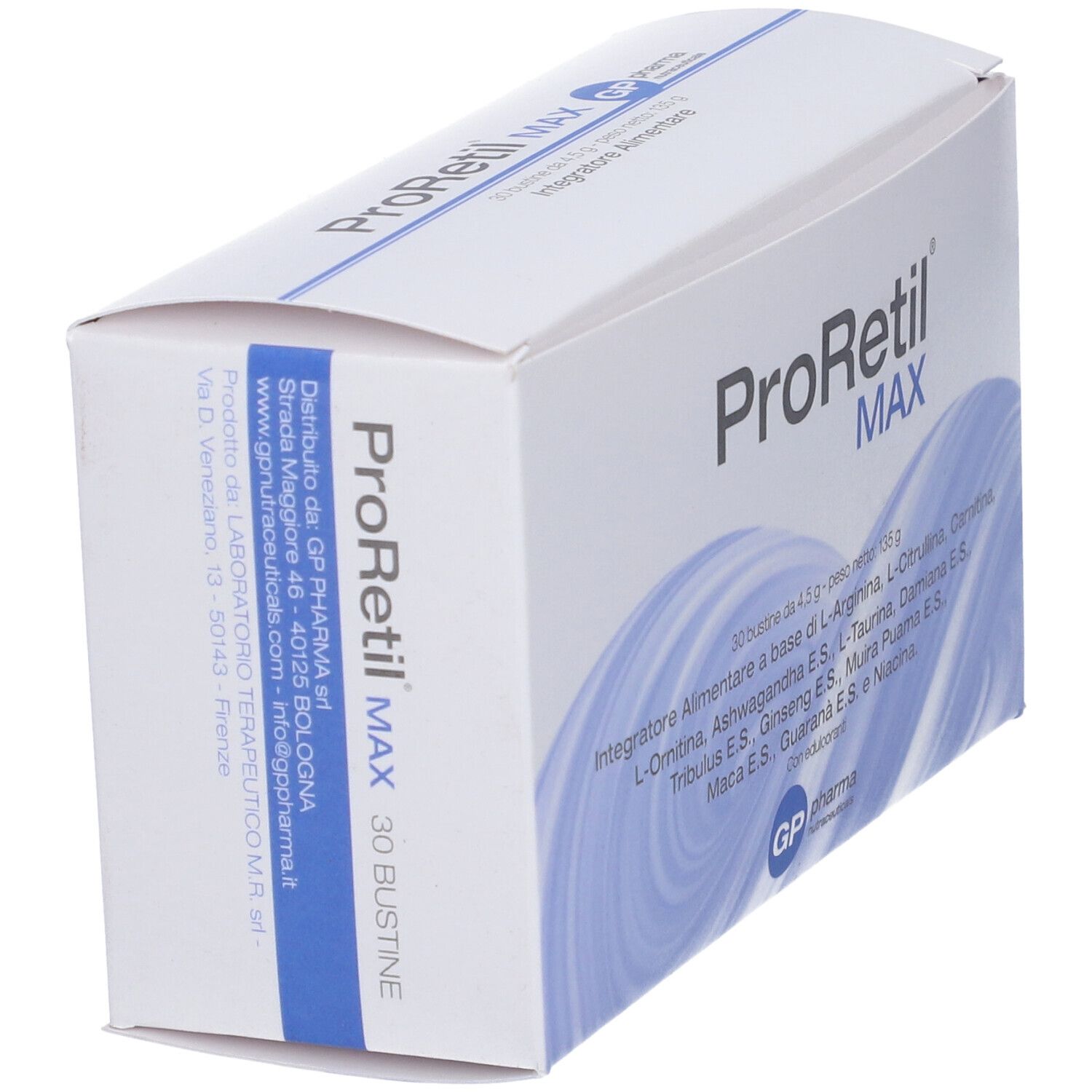 Scatola ProRetil MAX, 30 bustine. Confezione bianca con onda blu. Contiene L-Arginina, L-Citrullina e altri ingredienti.
