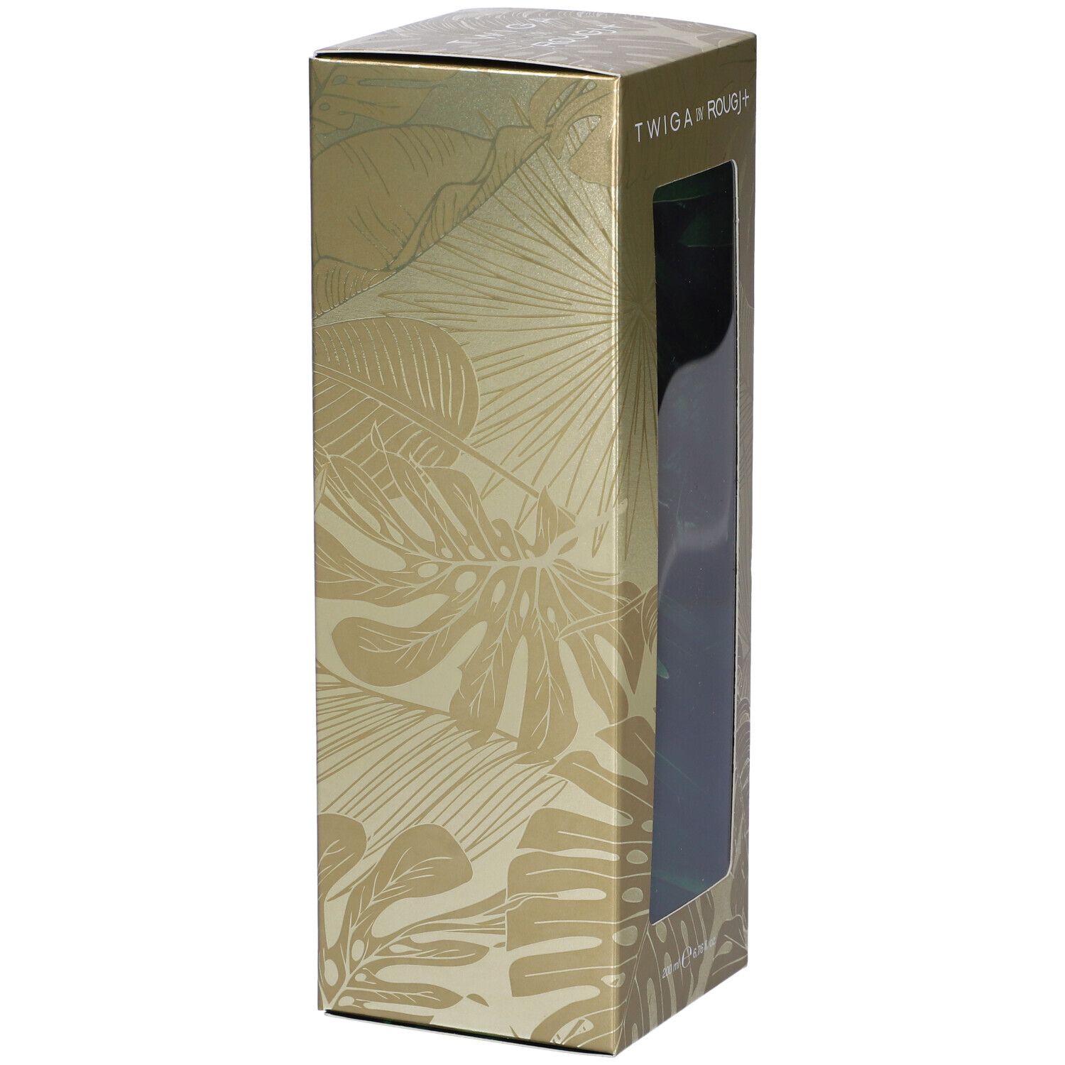 Confezione dorata con motivo a foglie e finestra. Prodotto parzialmente visibile. TWIGA by ROUGJ+.