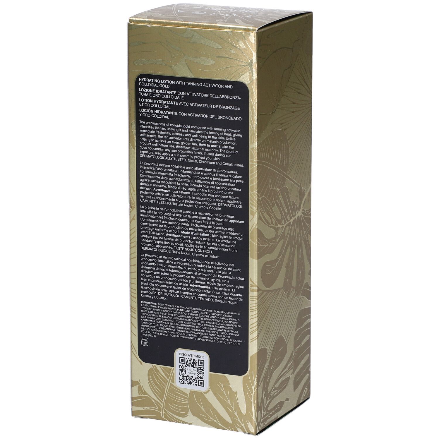 Confezione dorata con testo. Testo in più lingue, tra cui inglese e italiano. Motivo a foglie.