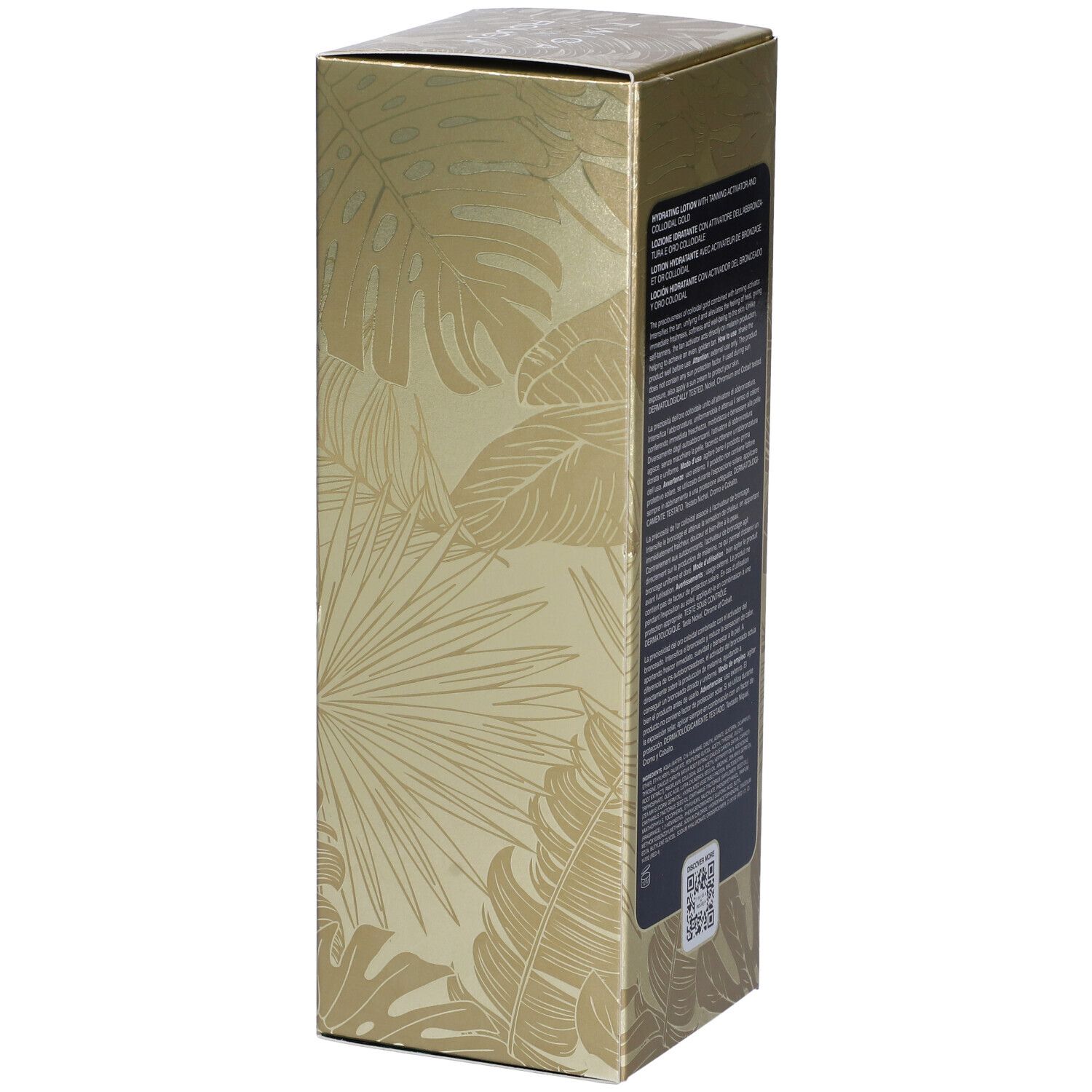 Confezione dorata con testo e motivo a foglie. Testo multilingue. Codice QR e logo.