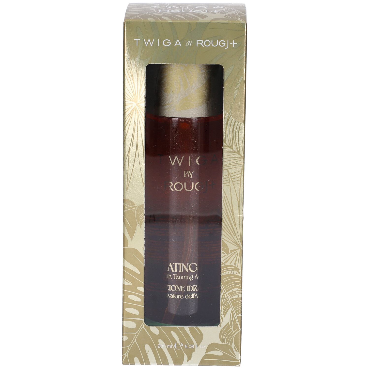 Confezione dorata con finestra. Flacone visibile. Scritta: TWIGA by ROUGJ+. Testo in italiano.