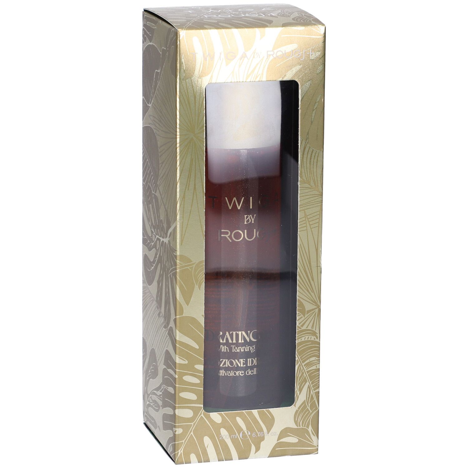 Confezione dorata con finestra. Flacone visibile. Scritta: TWIGA by ROUGJ+. Testo in italiano.