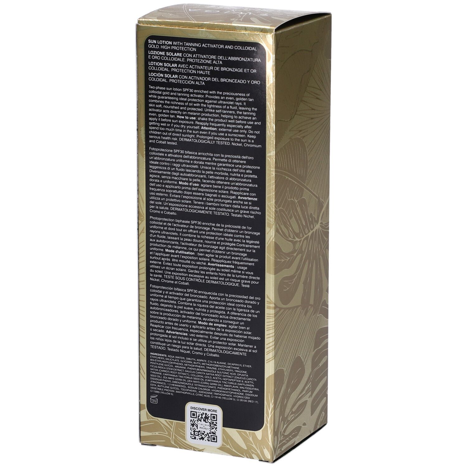 Confezione dorata con testo. Testo: Lozione solare con attivatore abbronzatura e oro colloidale. Ingredienti e istruzioni.