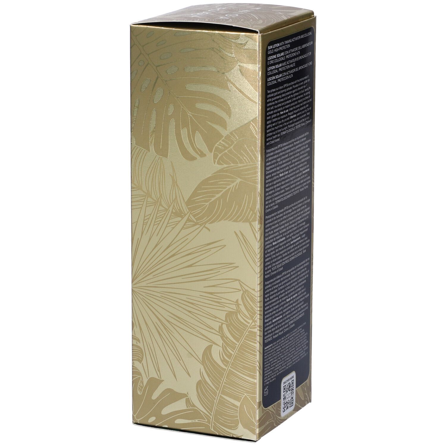 Confezione dorata con motivo a foglie e testo. Testo: Lozione solare con attivatore abbronzatura e oro colloidale.