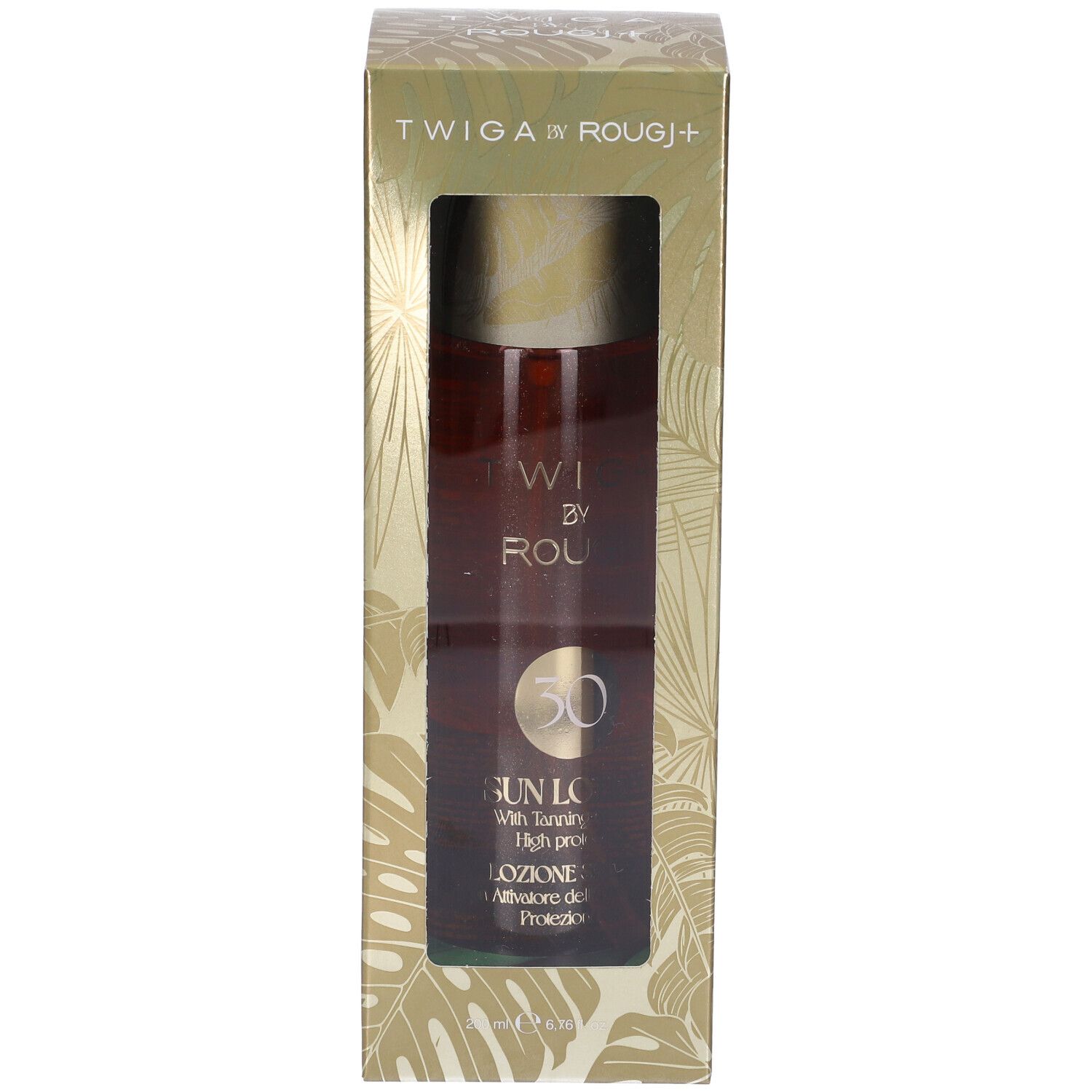 Confezione dorata con finestra. Flacone visibile. Testo: TWIGA by ROUGJ+, SUN LO, SPF30.
