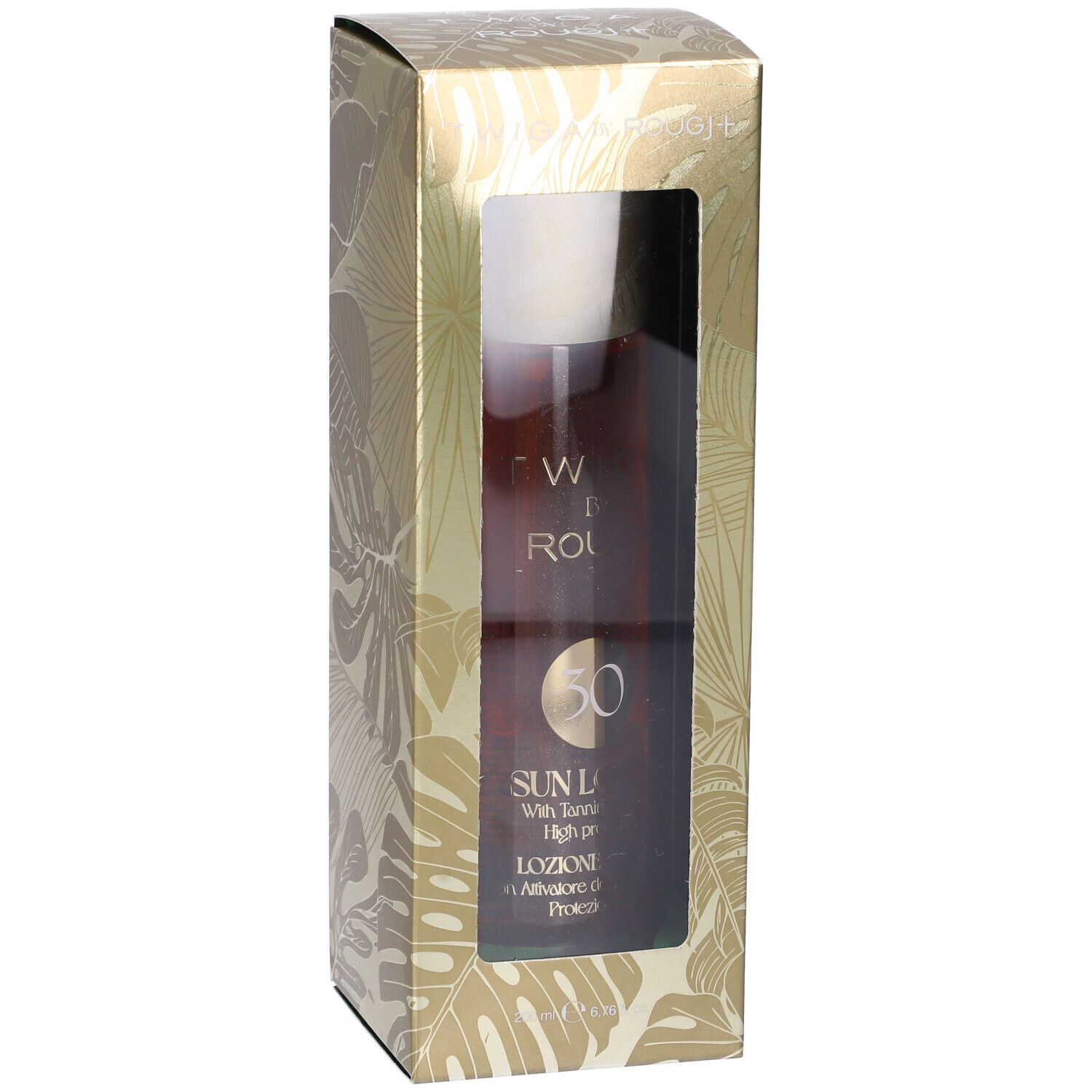 Confezione dorata con finestra. Flacone visibile. Testo: TWIGA by ROUGJ+, SUN LO, SPF30.