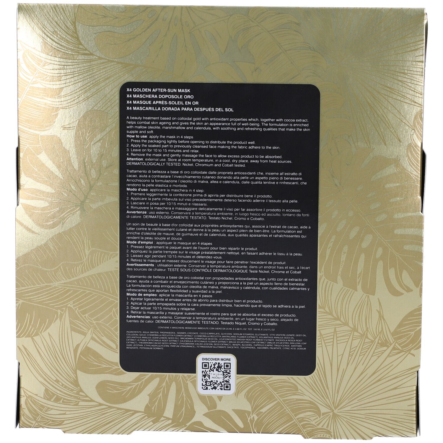 Retro della confezione. Testo: GOLDEN AFTER-SUN MASK. Testo nero su sfondo nero. Codice QR.