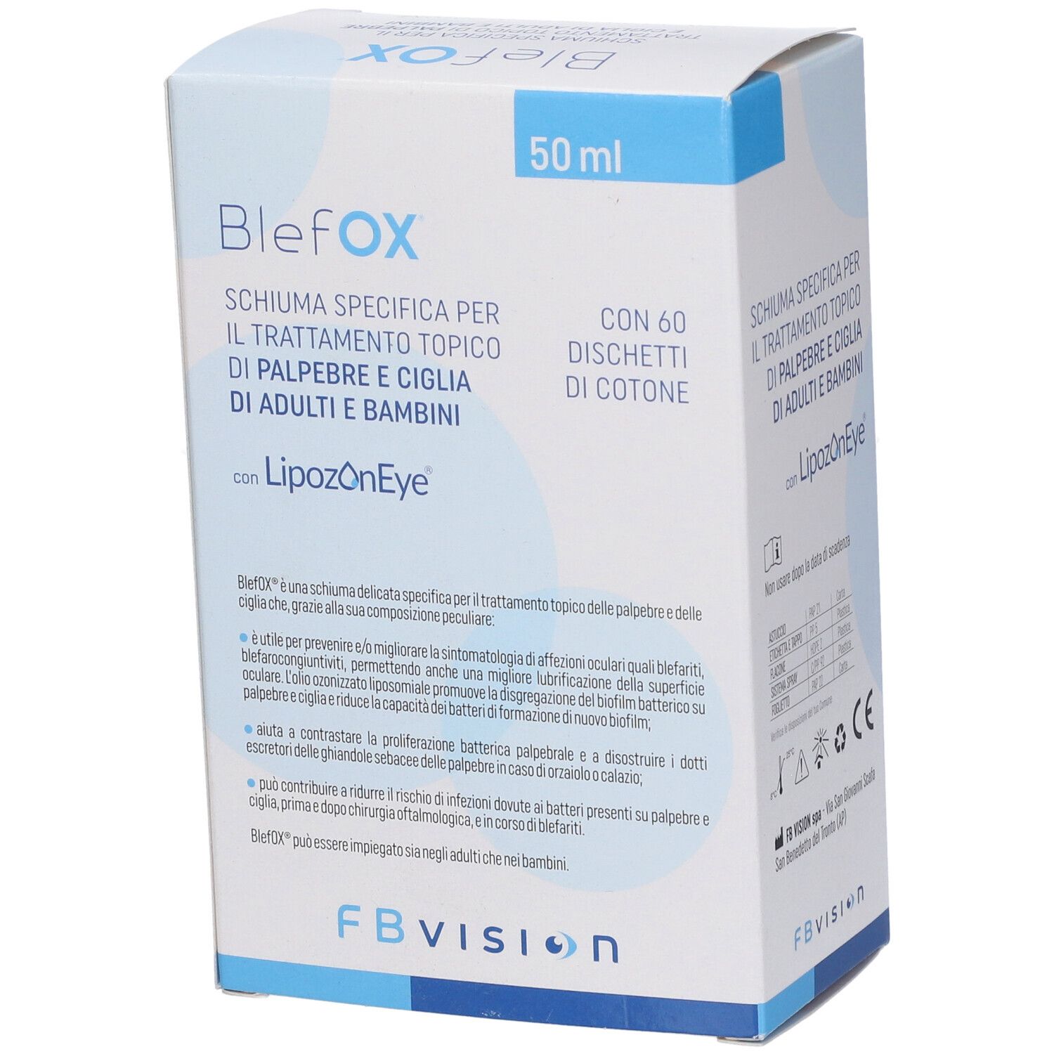 Dettaglio della confezione BlefOX. Contiene 60 dischetti di cotone. Scatola bianca e blu con testo e logo.