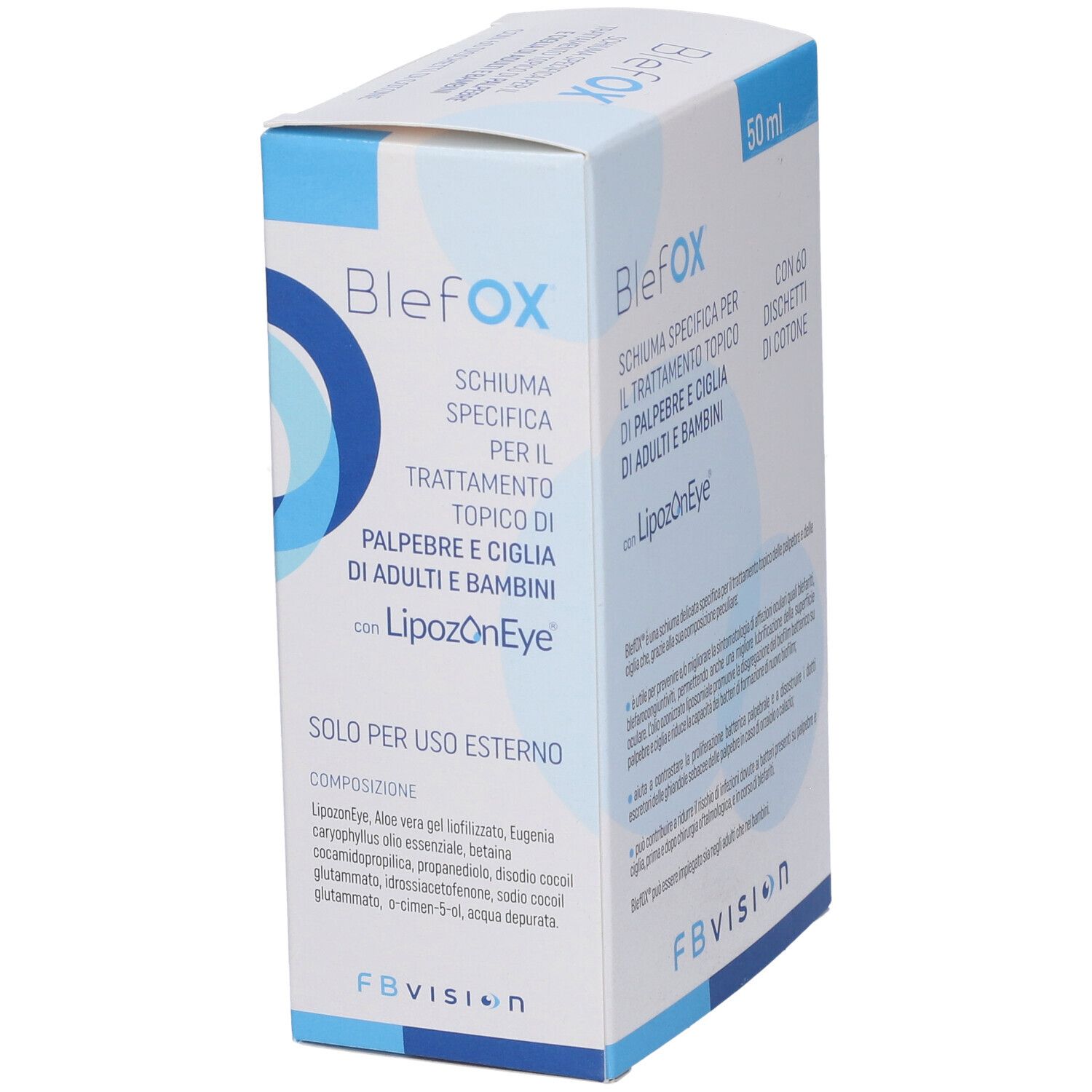 Dettaglio della confezione BlefOX. Contiene 60 dischetti di cotone. Scatola bianca e blu con testo e logo.