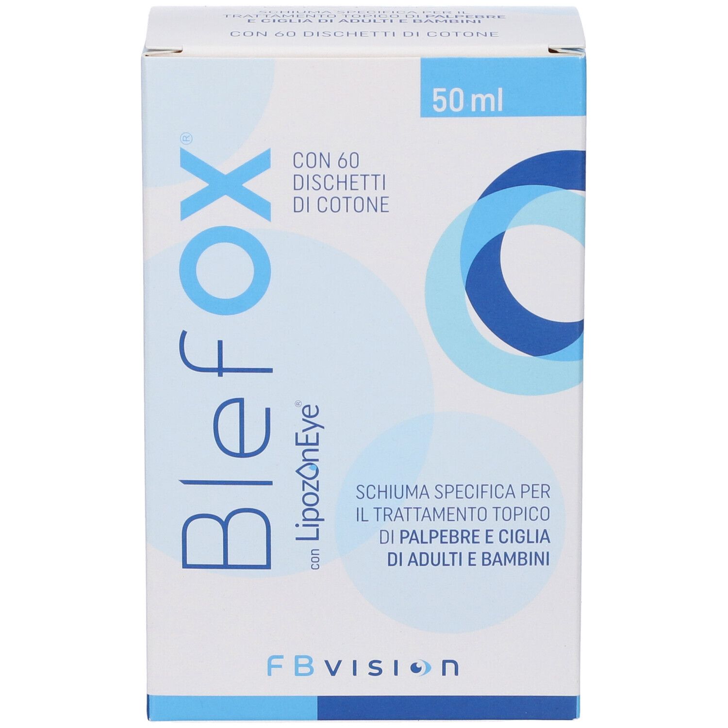Vista frontale della confezione BlefOX. Contiene 60 dischetti di cotone. Scatola bianca e blu con testo e logo.