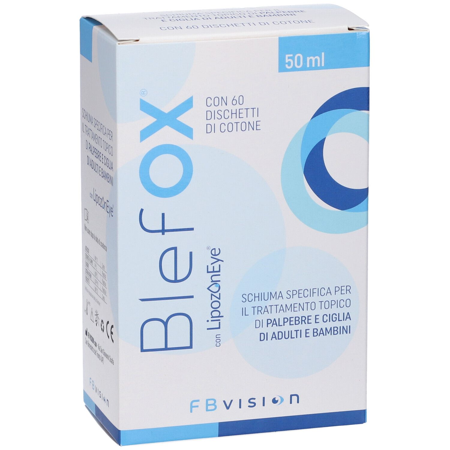 Vista frontale della confezione BlefOX. Contiene 60 dischetti di cotone. Scatola bianca e blu con testo e logo.