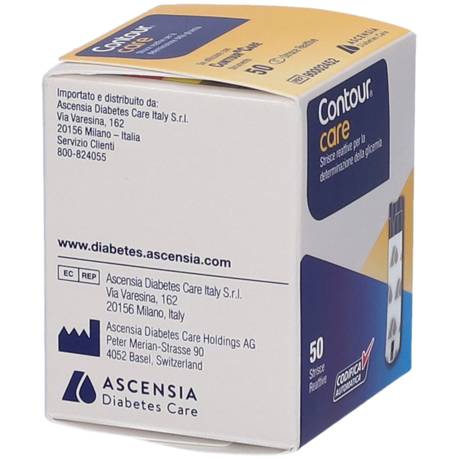 Retro della confezione di strisce reattive Contour Care con informazioni sul produttore.