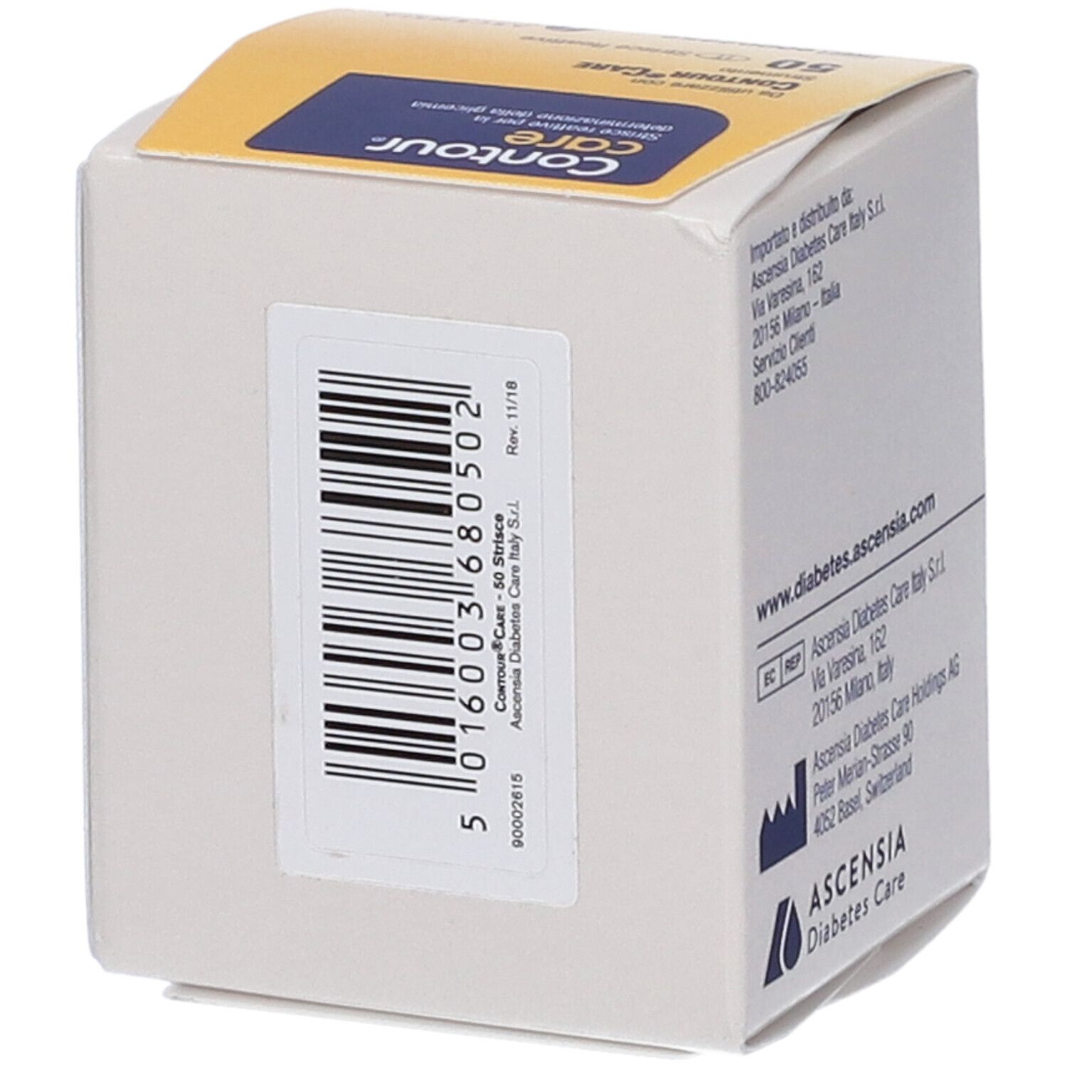 Lato della confezione di strisce reattive Contour Care con codice a barre e informazioni prodotto.