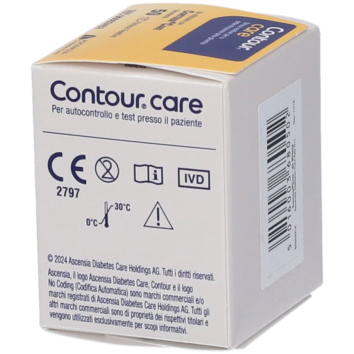 Lato della confezione di strisce reattive Contour Care con marchio CE e simboli.