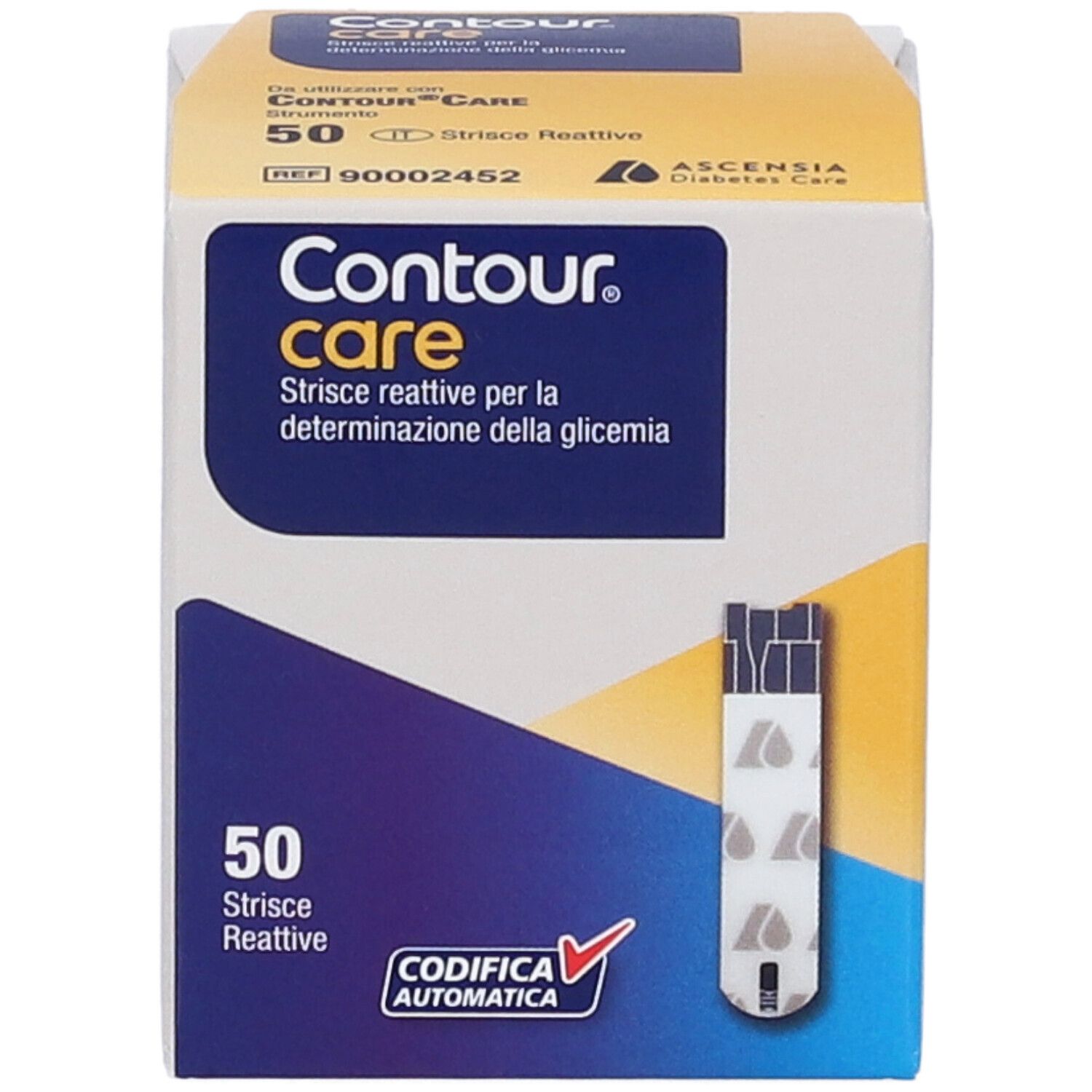 Fronte della confezione di strisce reattive Contour Care, 50 pezzi.