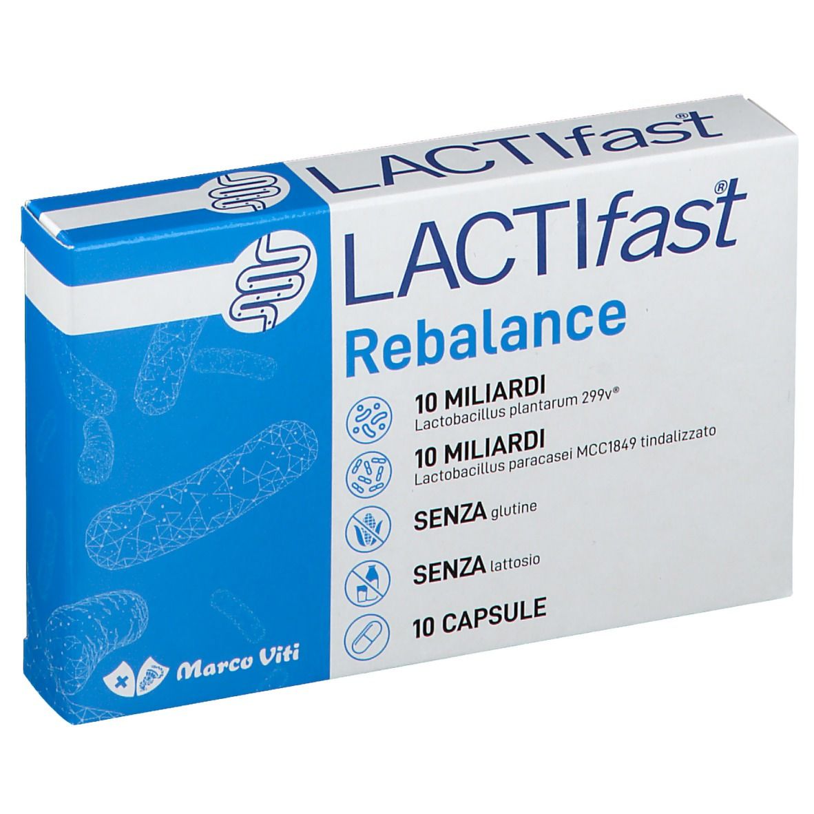 Scatola bianca e blu LACTIfast Rebalance. Contiene 10 capsule. Testo: 10 miliardi, senza glutine, senza lattosio.