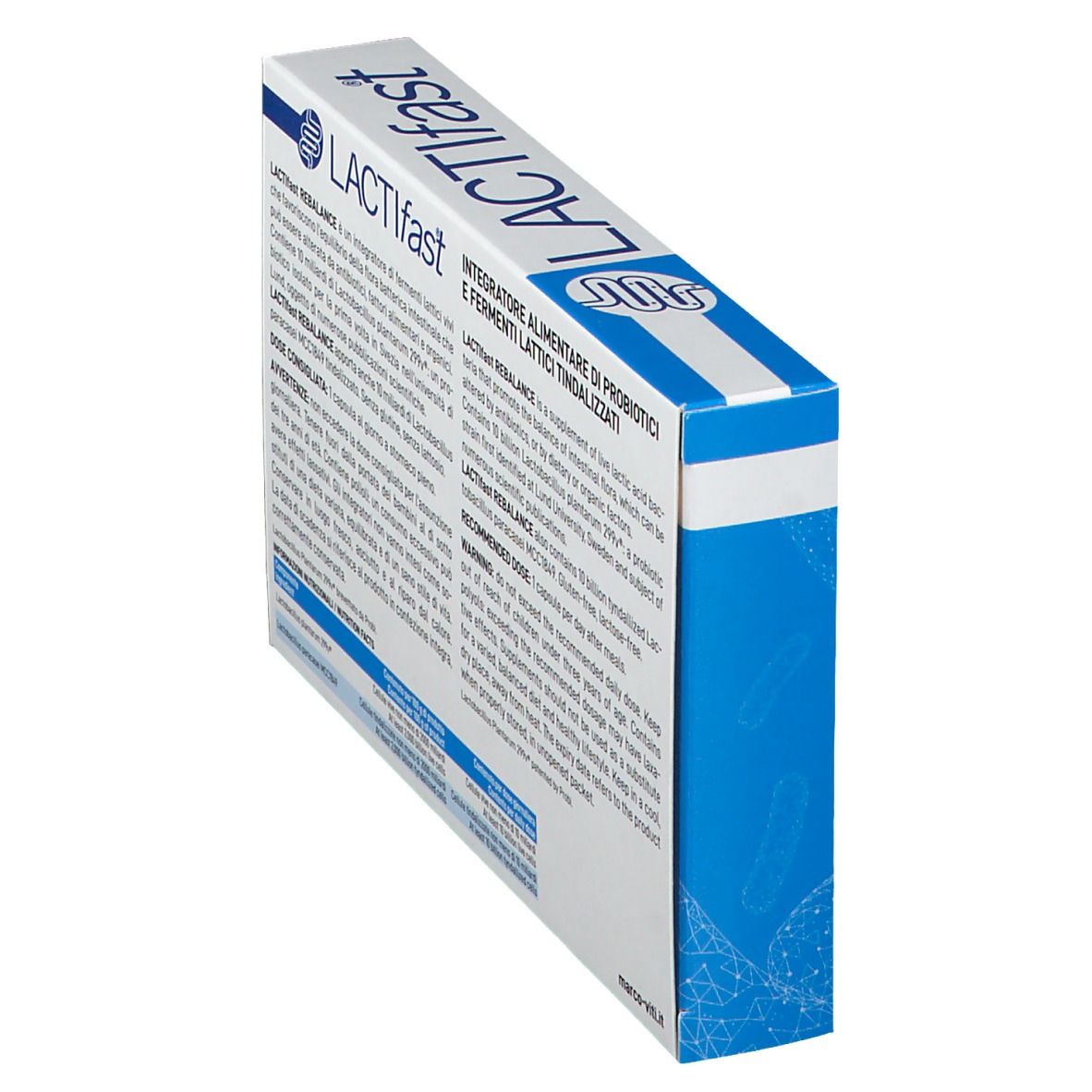 Retro della scatola LACTIfast Rebalance. Testo multilingue. Contiene informazioni su ingredienti e utilizzo.