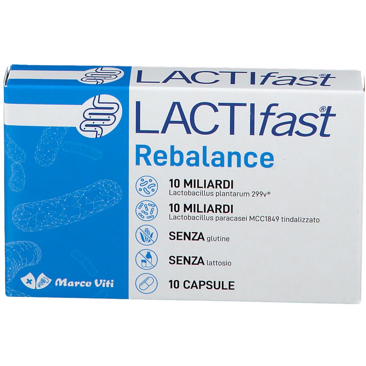 Scatola bianca e blu LACTIfast Rebalance. Contiene 10 capsule. Testo: 10 miliardi, senza glutine, senza lattosio. Logo Marco Viti.