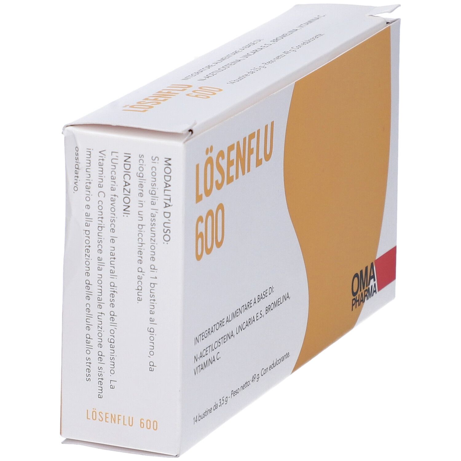 Scatola LÖSENFLU 600, bianca e gialla. Testo: Modalità d'uso. Logo OMA PHARMA.