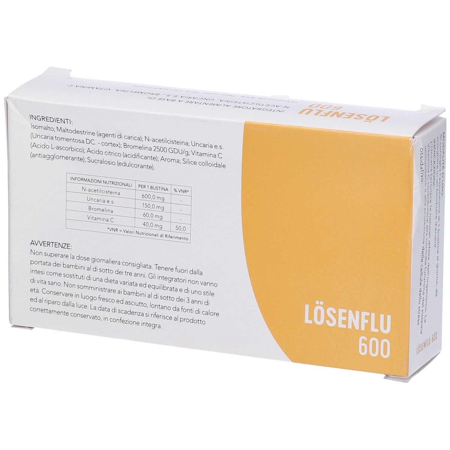 Scatola bianca e gialla. Informazioni sugli ingredienti e valori nutrizionali. Testo: LÖSENFLU 600.