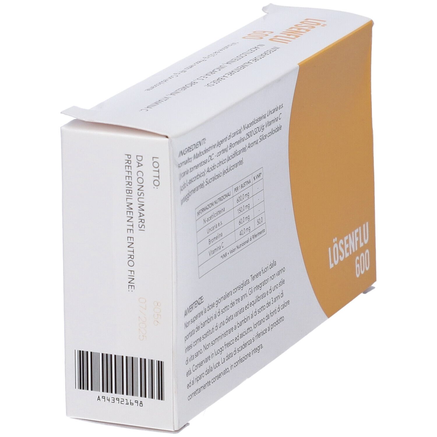 Scatola LÖSENFLU 600, bianca e gialla. Codice a barre e data di scadenza. Testo: LÖSENFLU 600.