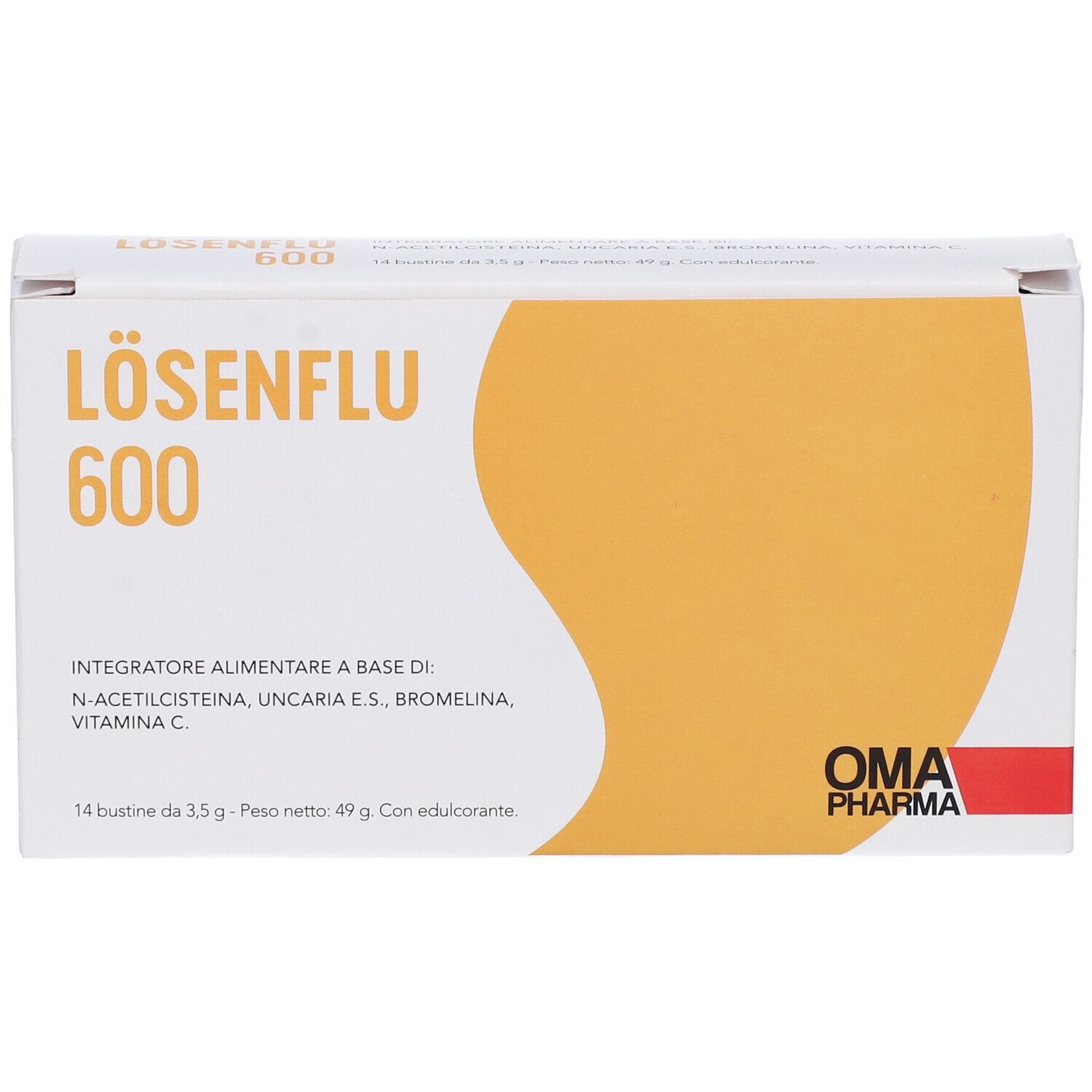 Scatola bianca e gialla. Scritta LÖSENFLU 600. Contiene 14 bustine. Logo OMA PHARMA.