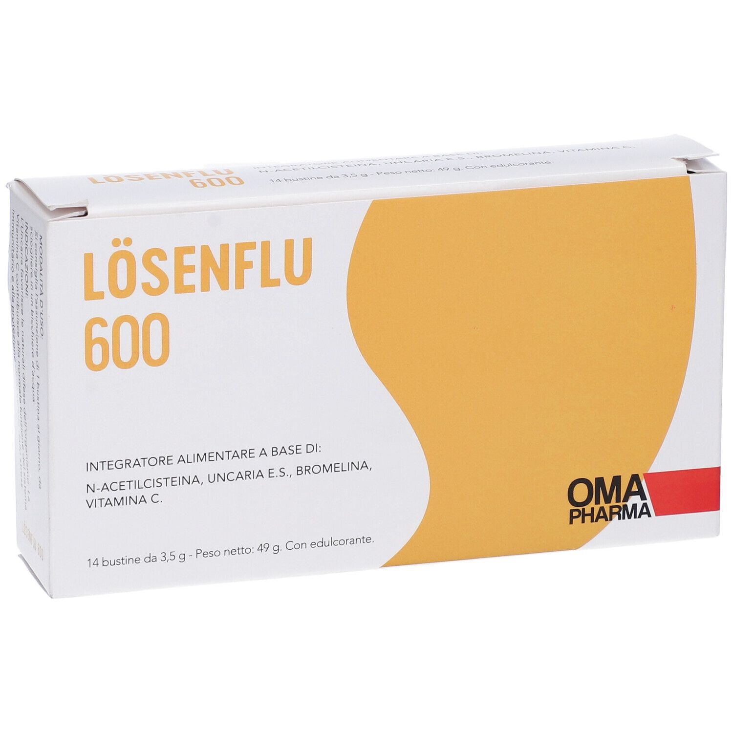 Scatola bianca e gialla. Scritta LÖSENFLU 600. Contiene 14 bustine. Logo OMA PHARMA.