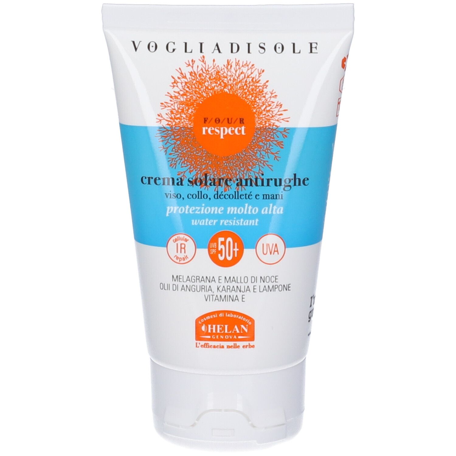 Tubo di crema solare con SPF50+ e testo: 'crema solare antirughe'.