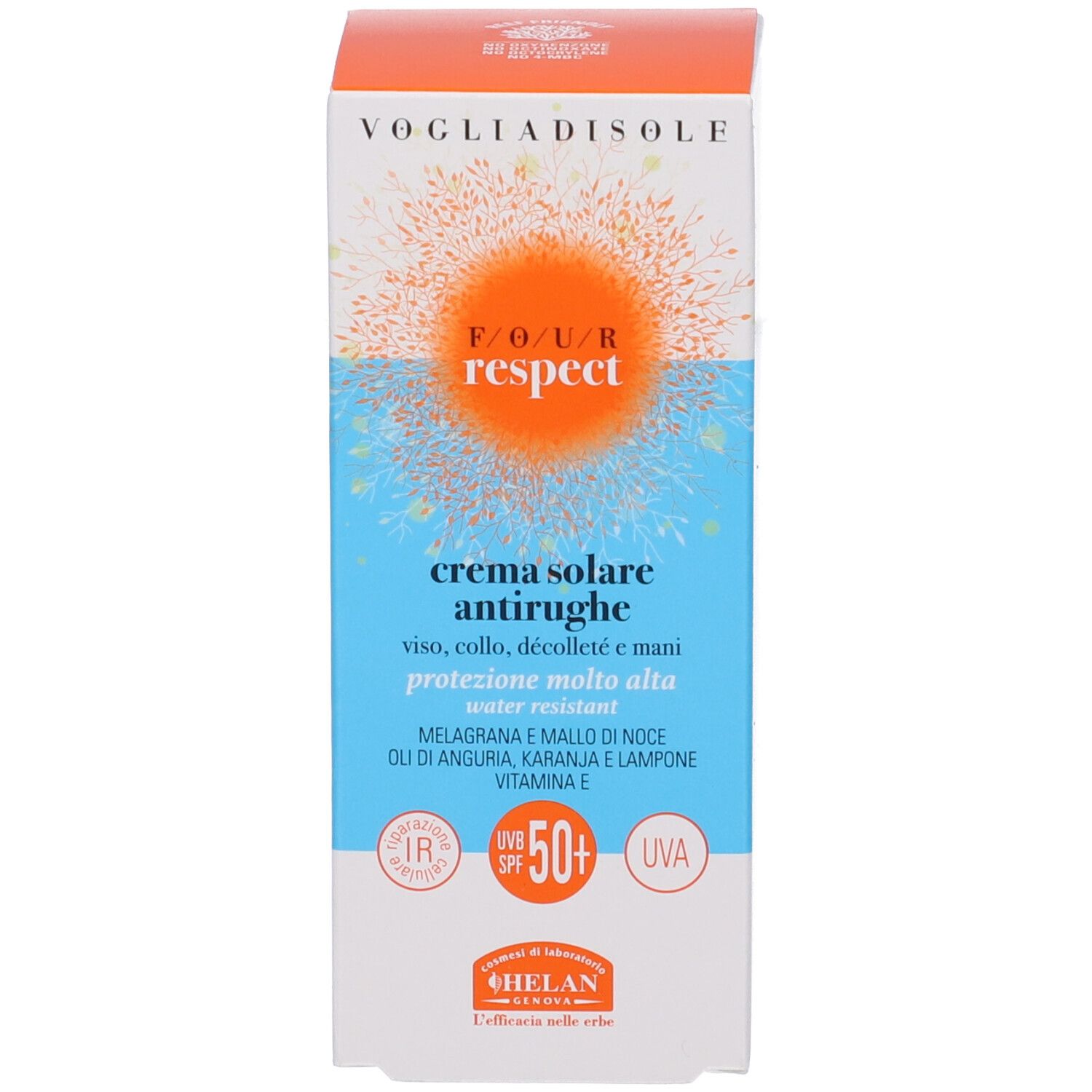 Confezione in cartone con testo: 'crema solare antirughe' e SPF50+.