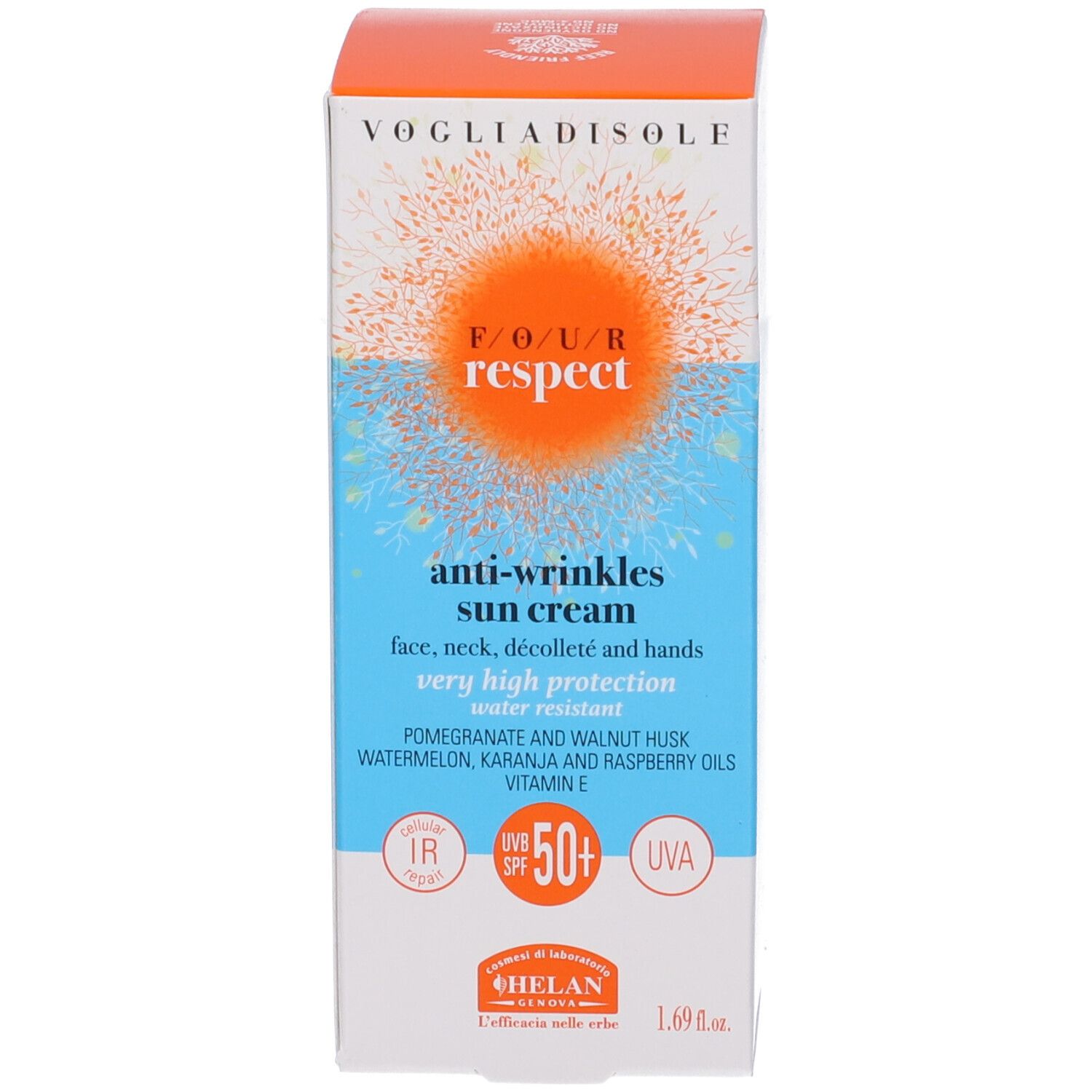 Confezione in cartone con testo: 'anti-wrinkles sun cream' e SPF50+.