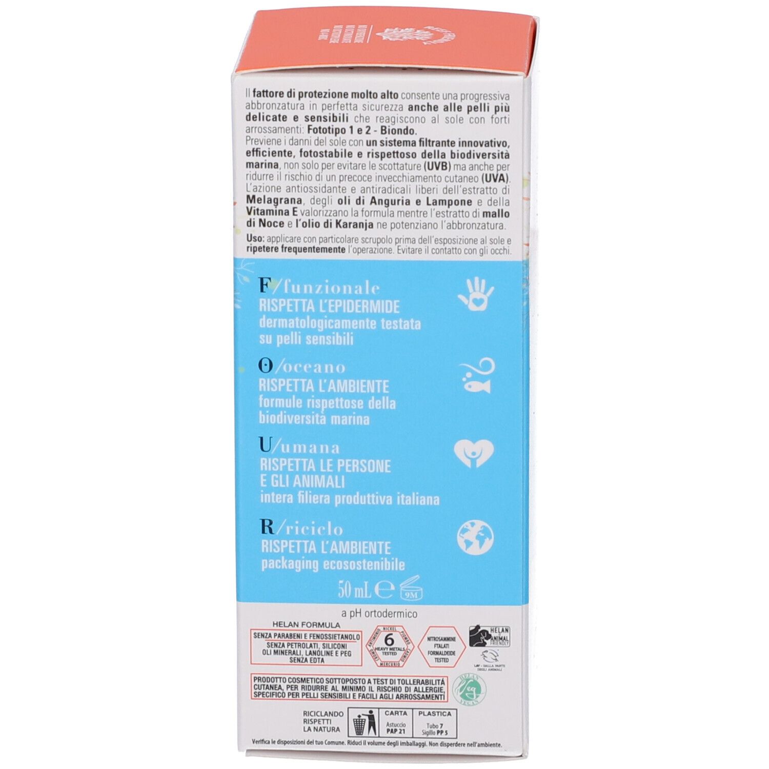 Retro della confezione in cartone. Testo: 'anti-wrinkles sun cream' e informazioni.