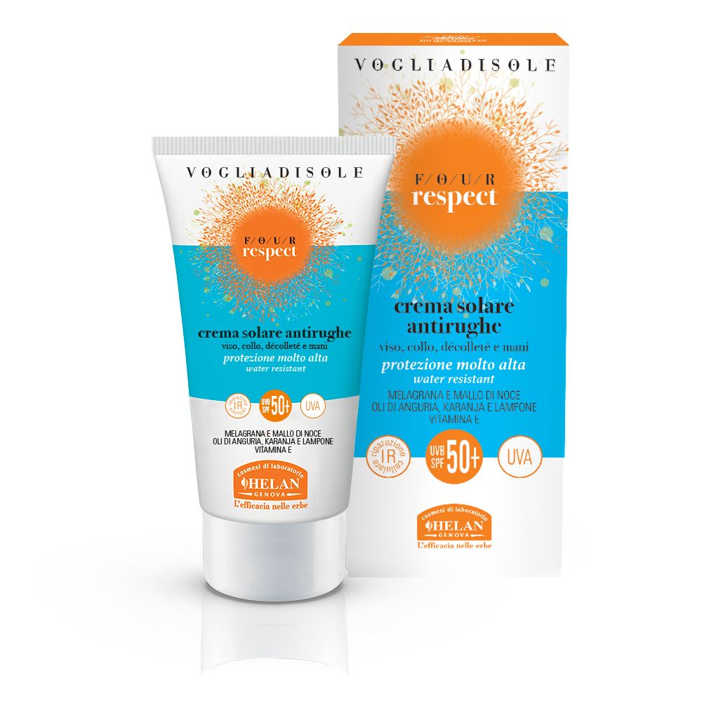 Confezione con tubo di crema solare e scatola. Testo: 'crema solare antirughe'.