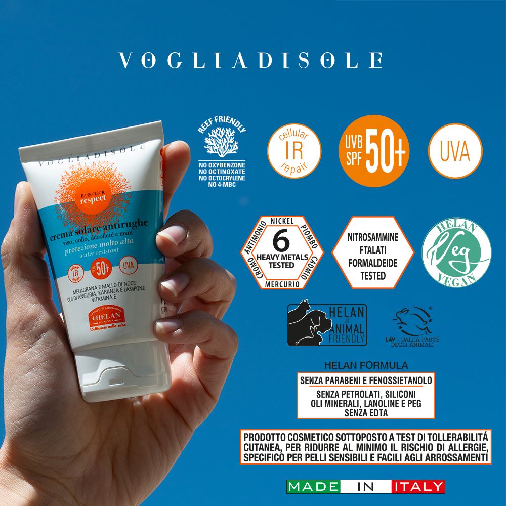 Mano che tiene un tubo di crema solare. Testo: 'crema solare antirughe', SPF50+ e certificazioni.