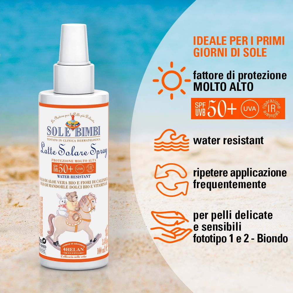 Spray solare per bambini. Flacone bianco con etichetta arancione. Scritta: Sole Bimbi, SPF 50+, illustrazione.