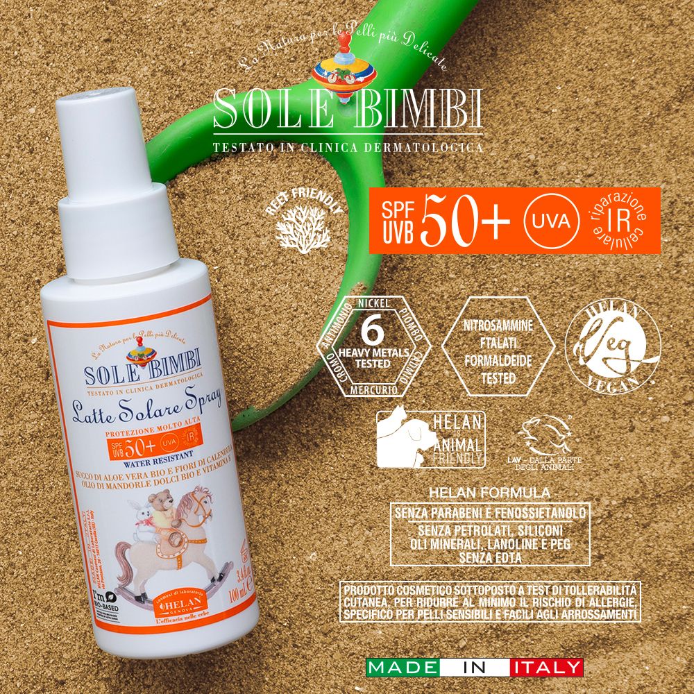 Spray solare per bambini. Flacone bianco con etichetta arancione. Scritta: Sole Bimbi, SPF 50+, illustrazione.