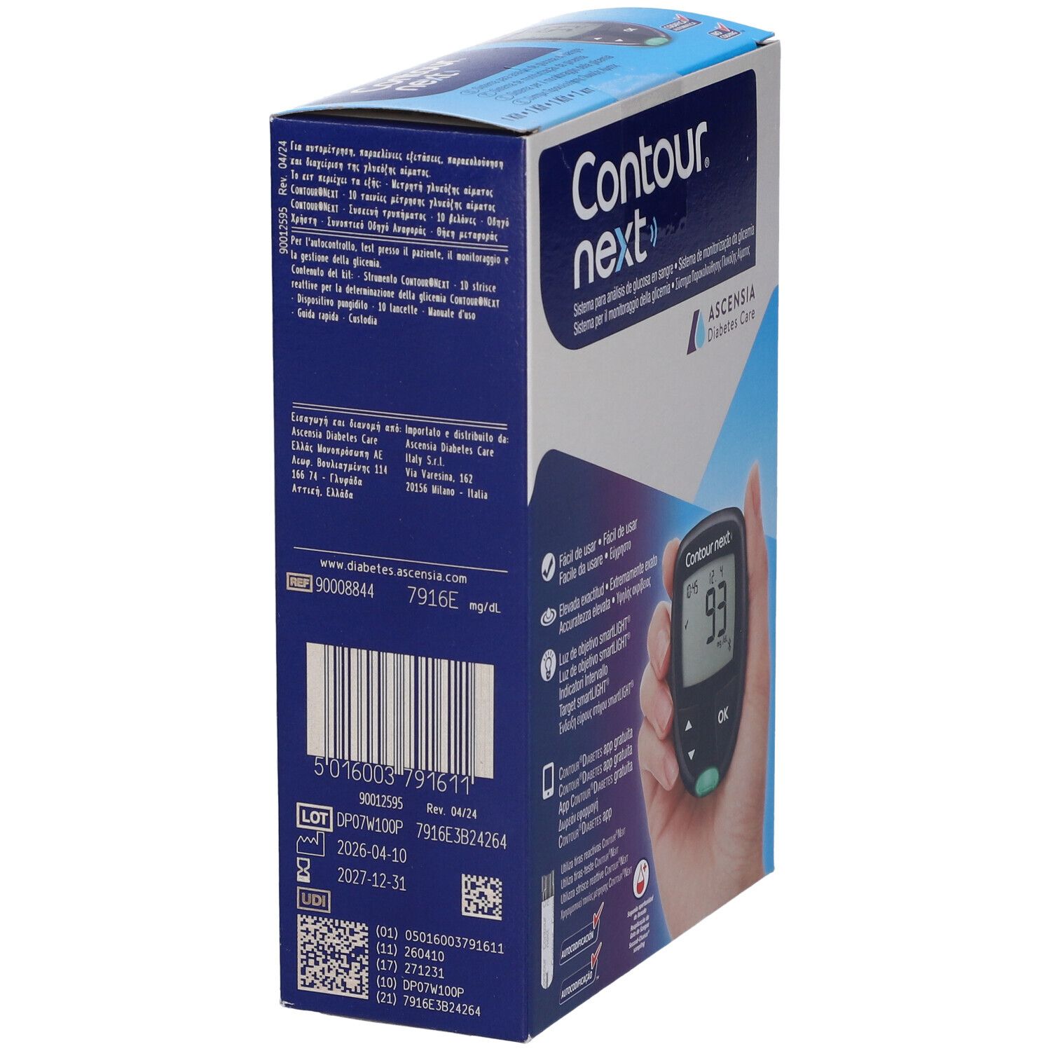 Retro della confezione del misuratore di glicemia Contour Next con codice a barre e dettagli.