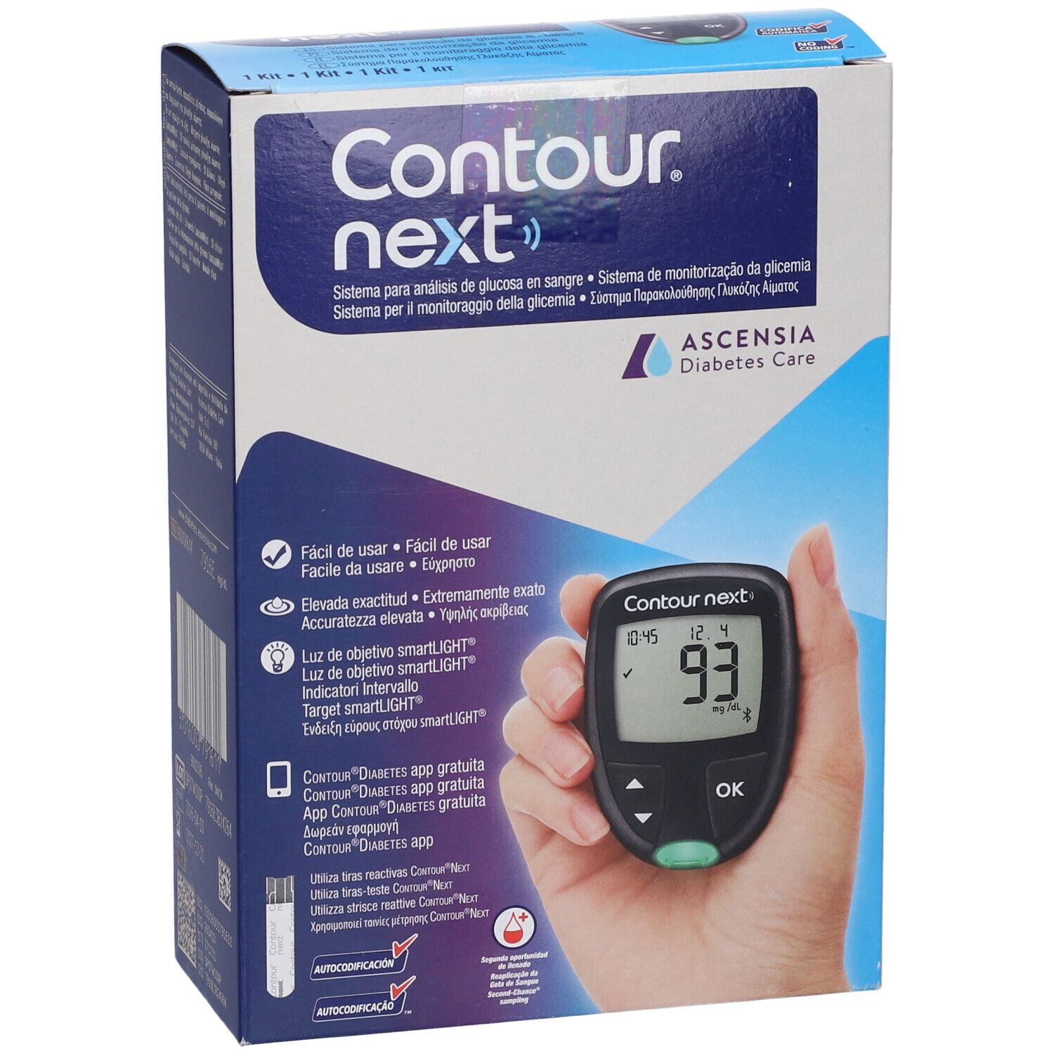 Fronte della confezione del misuratore di glicemia Contour Next con dispositivo in mano.
