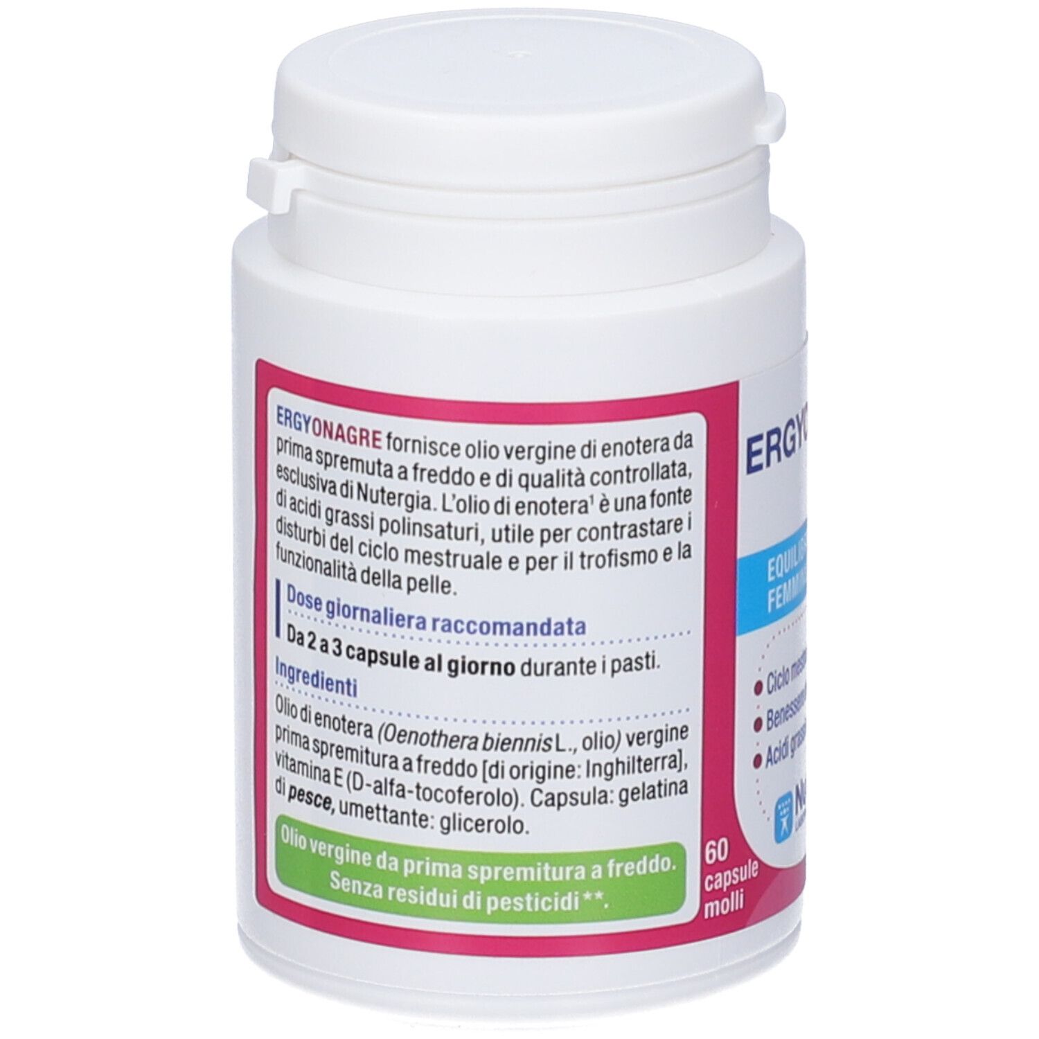 Flacone bianco di capsule. Retro con testo. Scritta: Ergyonagre. 60 capsule. Marchio: Nutergia Laboratoire.