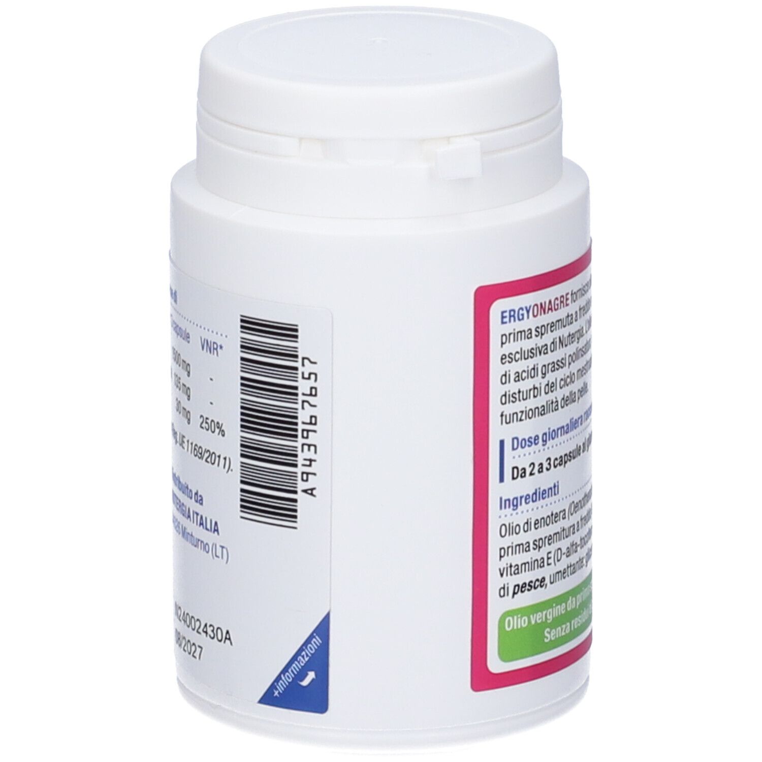 Flacone bianco di capsule. Scritta: Ergyonagre. Codice a barre e testo. Marchio: Nutergia Laboratoire.