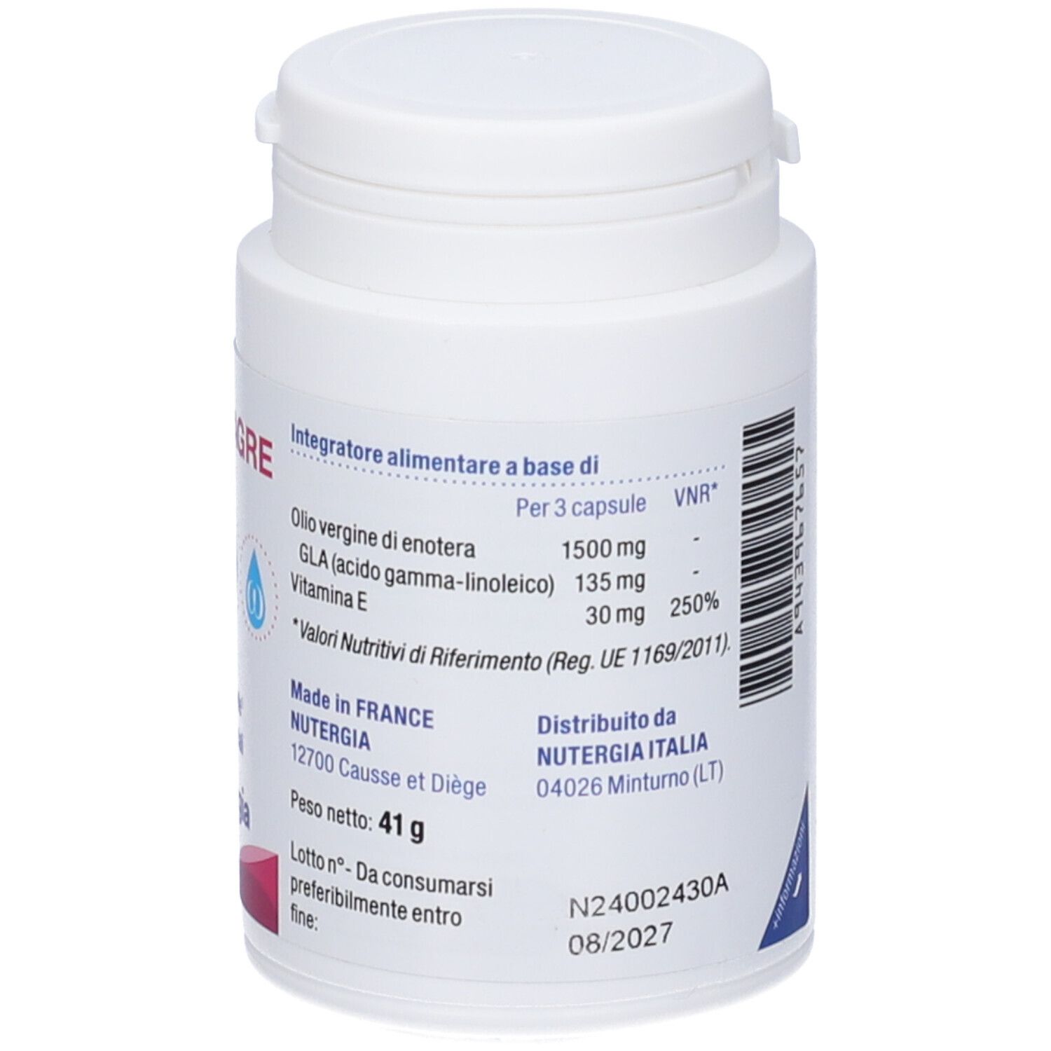 Flacone bianco di capsule. Scritta: Ergyonagre, Equilibrio Femminile. 60 capsule. Marchio: Nutergia Laboratoire.