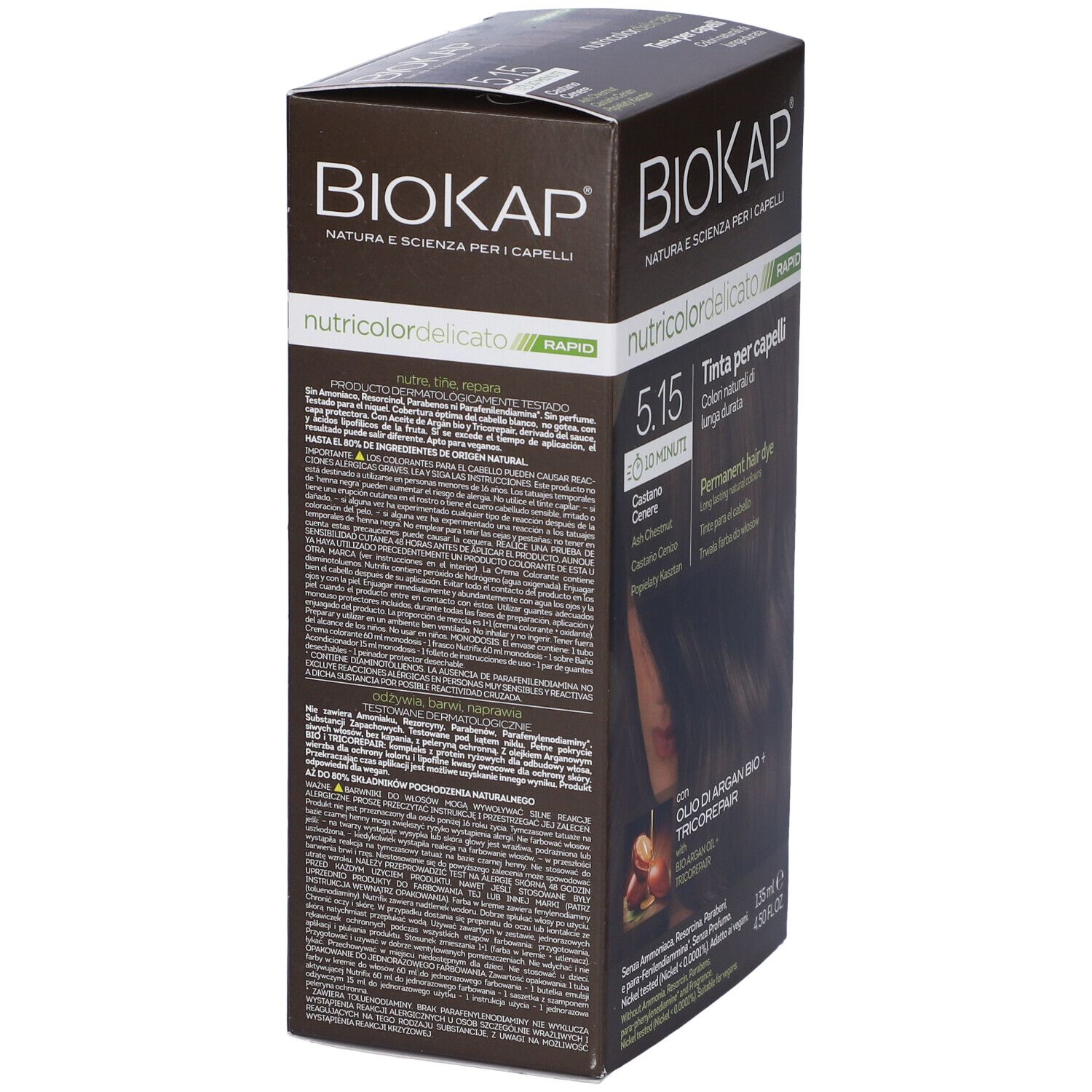 Retro della scatola tinta per capelli. Testo in italiano. Marca Biokap, nome prodotto e dettagli.