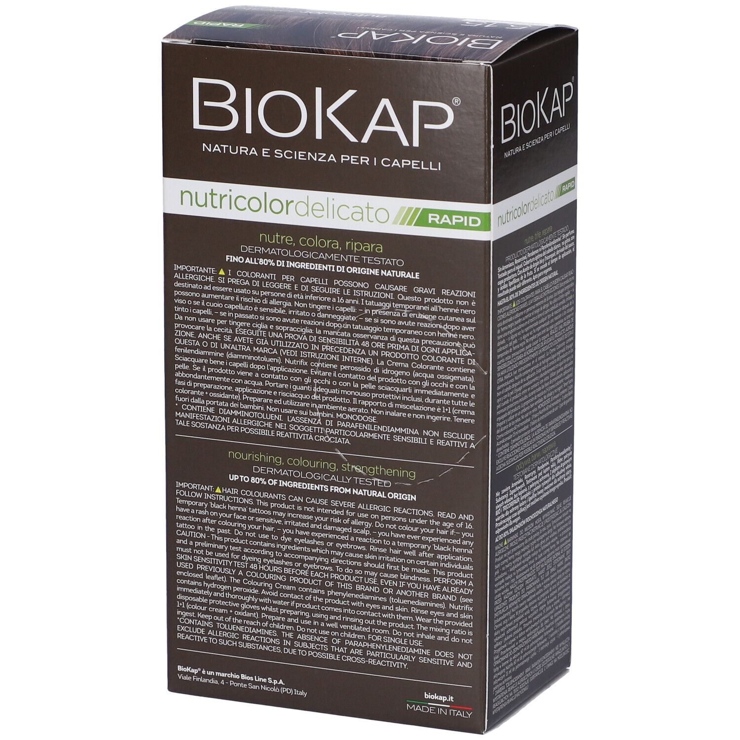 Lato scatola tinta per capelli. Marca Biokap, informazioni e ingredienti. Dermatologicamente testato.