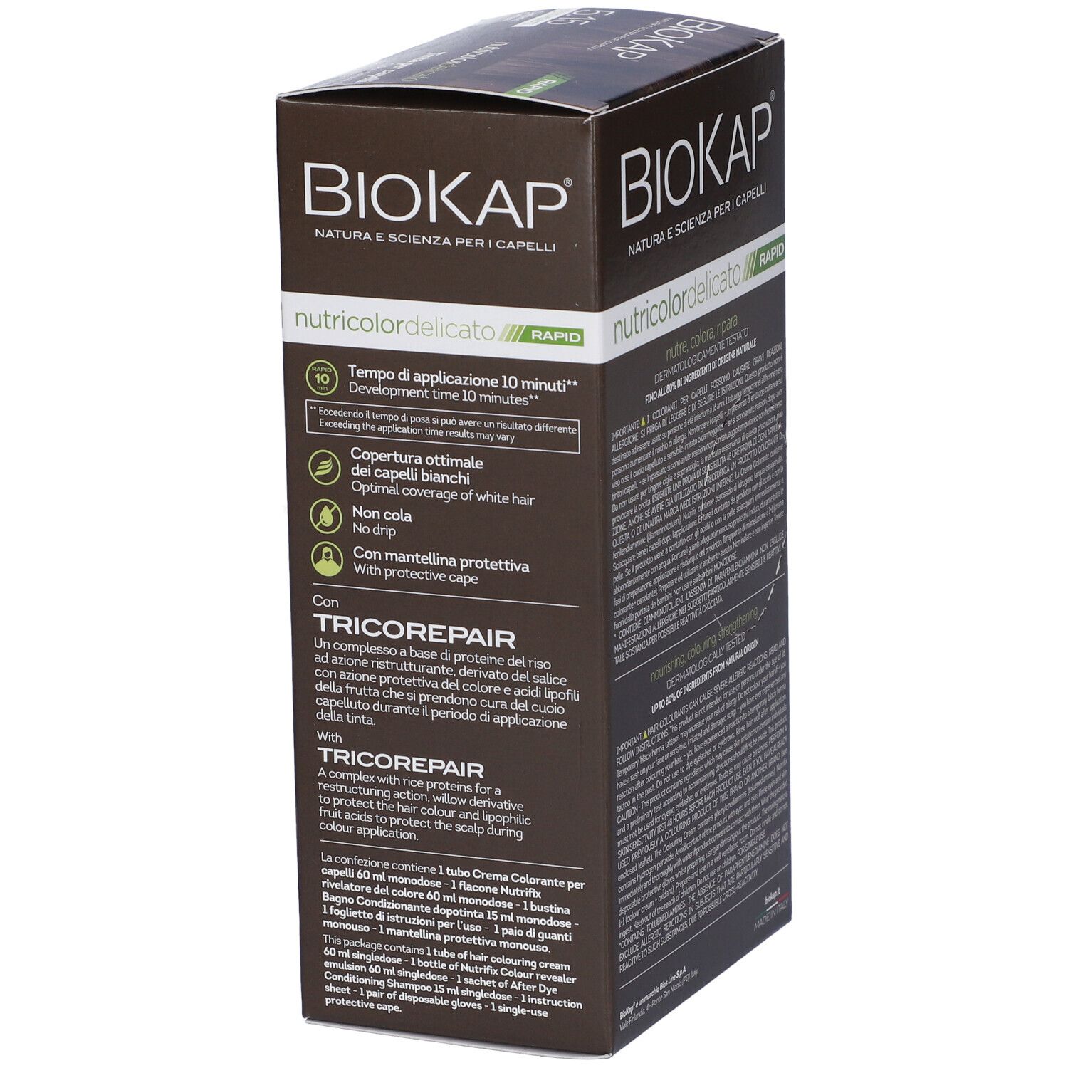 Lato scatola tinta per capelli. Biokap, tempo applicazione 10 minuti. Con Tricorepair e cuffia.