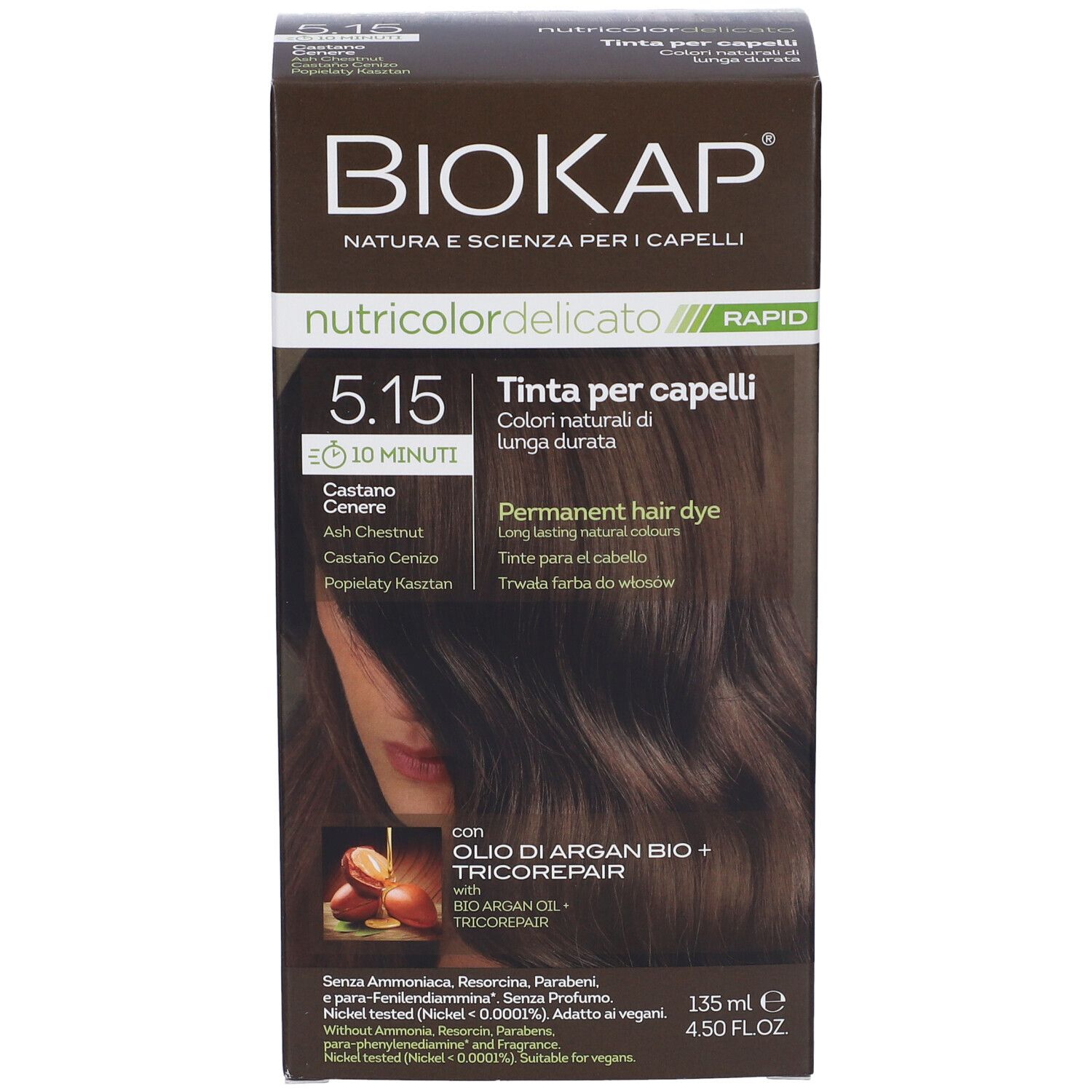 Scatola tinta per capelli Biokap 5.15 Castano Cenere. Con olio di Argan e Tricorepair. 135 ml.