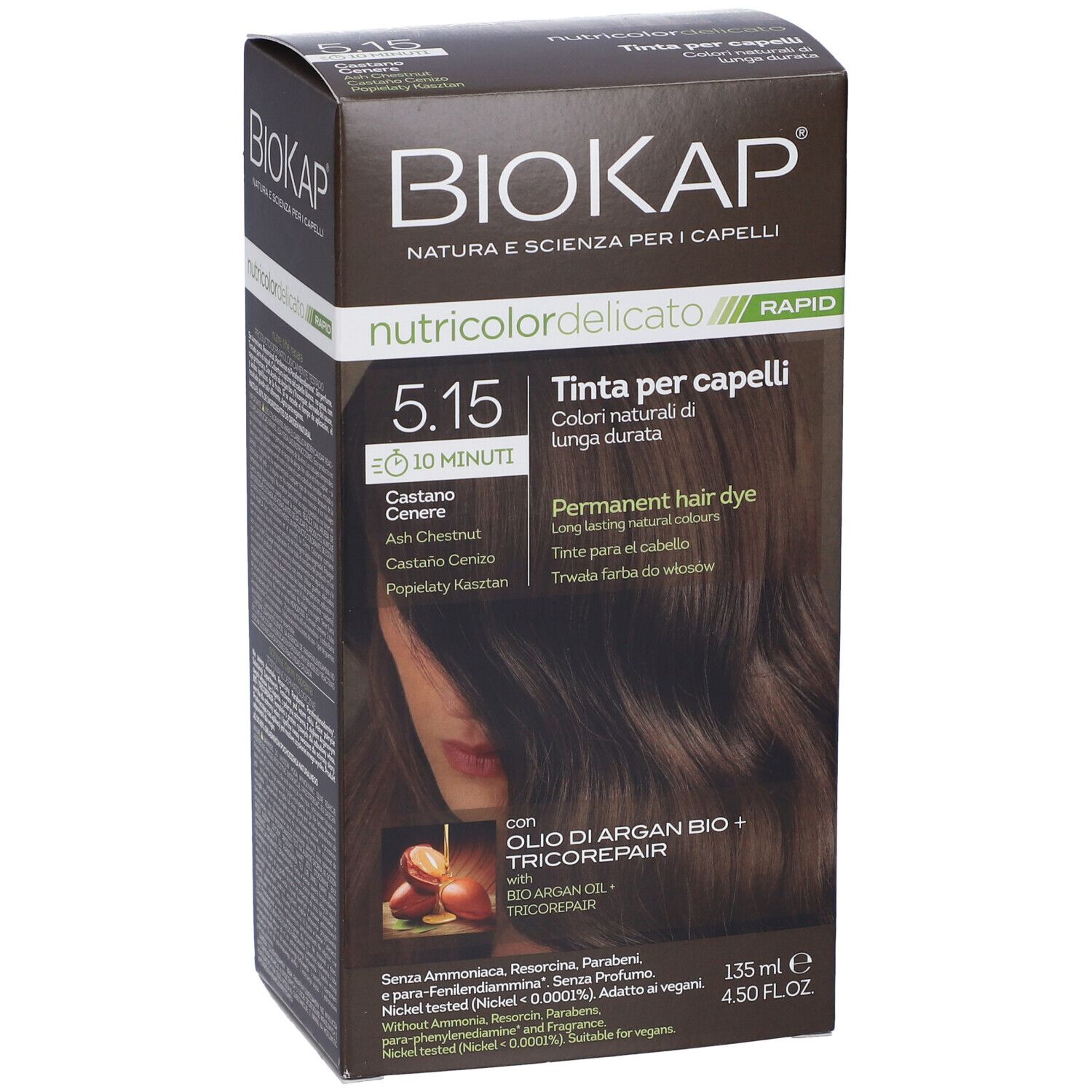 Scatola tinta per capelli Biokap 5.15 Castano Cenere. Con olio di Argan e Tricorepair. 135 ml.