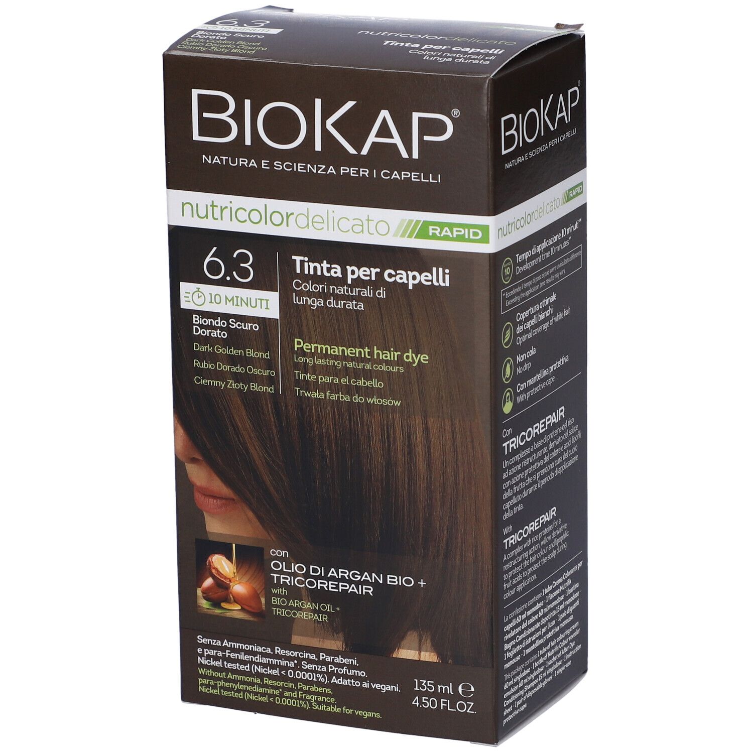 BIOKAP Nutricolor Delicato Rapid 6.3. Tinta per capelli in scatola. Biondo scuro dorato. Con olio di Argan e Tricorepair.