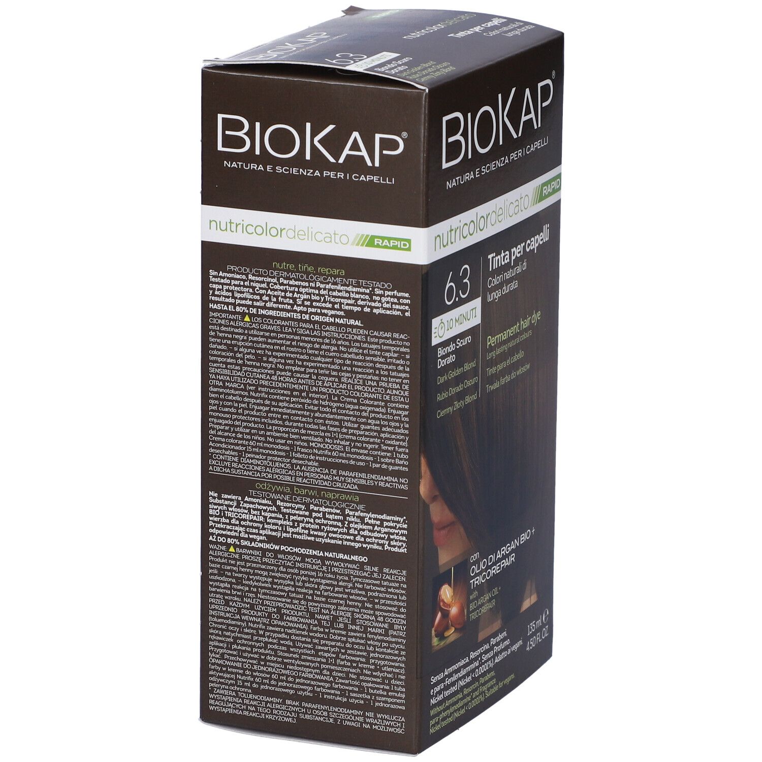 BIOKAP Nutricolor Delicato Rapid. Retro della scatola. Testo multilingue. Informazioni sul prodotto.